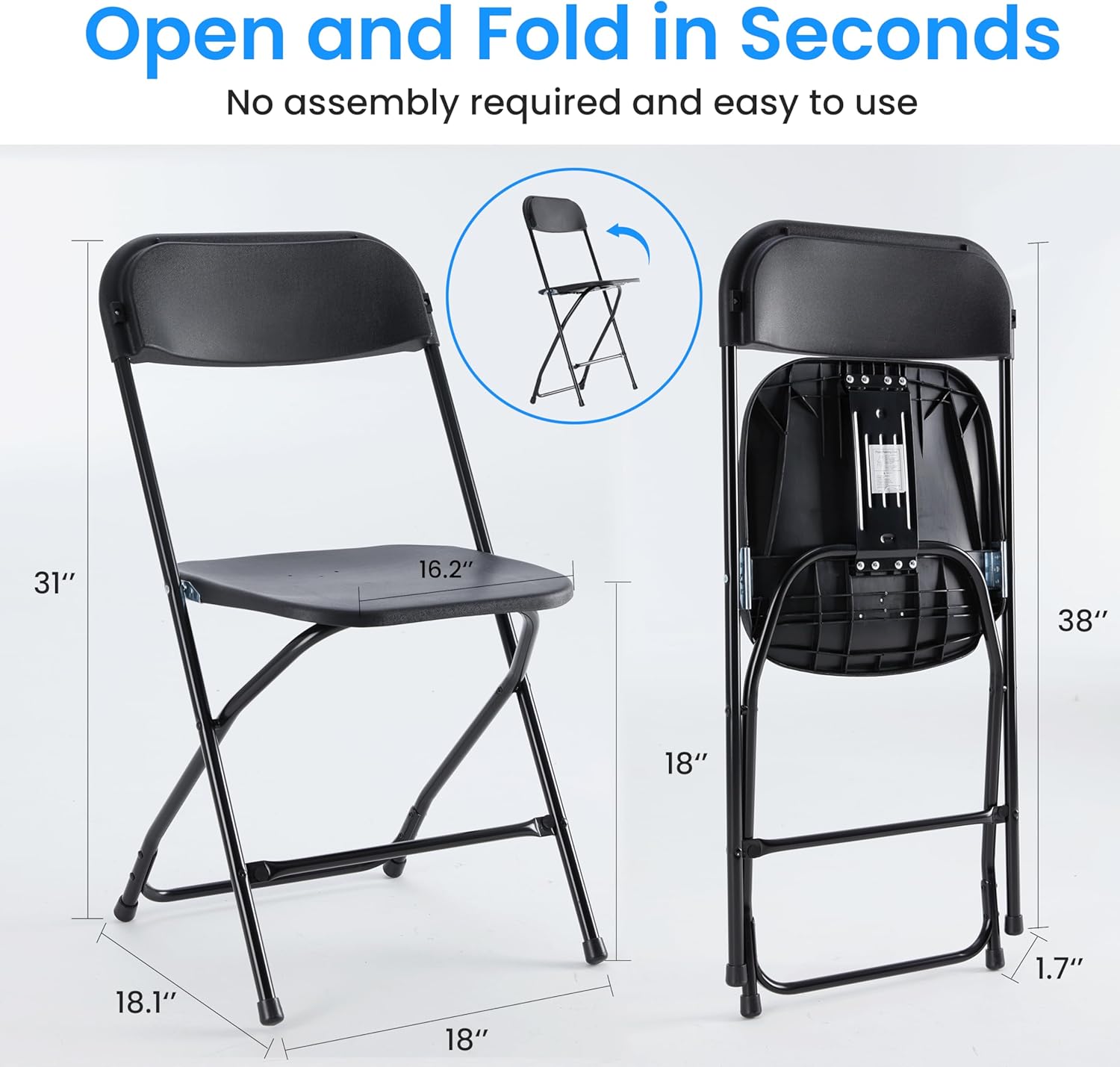 Simple Deluxe 10-Pack Folding Chairs Plastic, Foldable Stackable Portable Chairs with Metal Frame 330lb Capacity, for Indoor Outdoor Use, Commercial Event Chairs for Party, Wedding, Office, Black