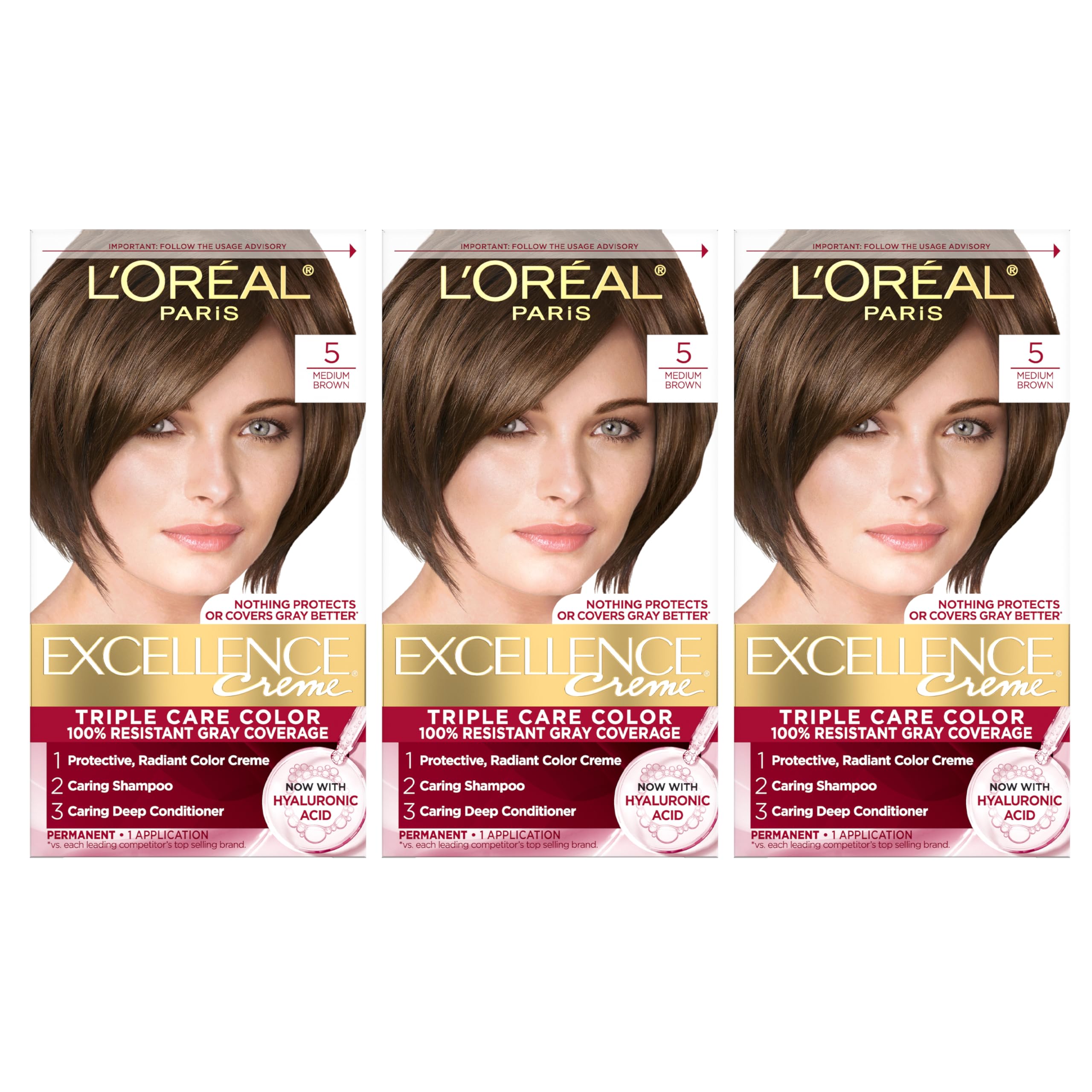 L'Oreal Paris Excellence Crème Permanent Hair Dye, Triple Care Hair Color with Pro-Keratine Complex for 100% Gray Hair Coverage, 5 Medium Brown, 1 Kit (Pack of 3)