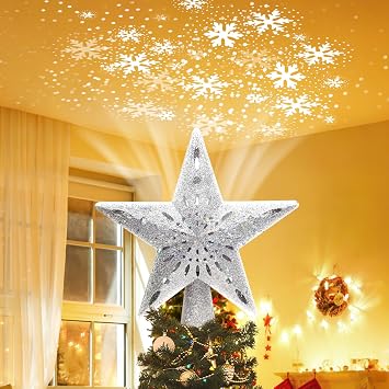 Christmas Tree Topper Star Lighted with 6 Projected Patterns Snowflake Projector Lights-3D Hollow Glitter LED Magic Rotating Light for Christmas Tree Decorations Ornament Silver