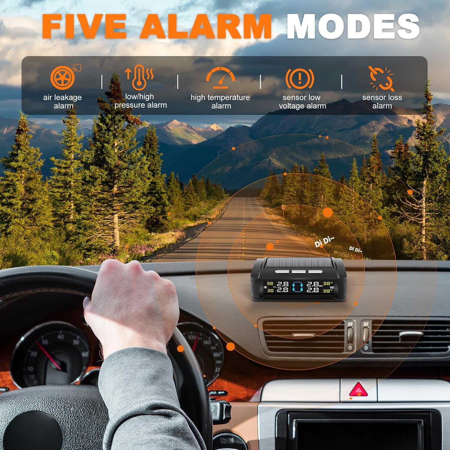 Tire Pressure Monitoring System, Solar & USB Dual Charging, TPMS sensors Set of 4 with Copper Core Sensor, 5 Alarm Modes, IPX7 Waterproof, Suitable for RV/Trailer/SUV/Campers