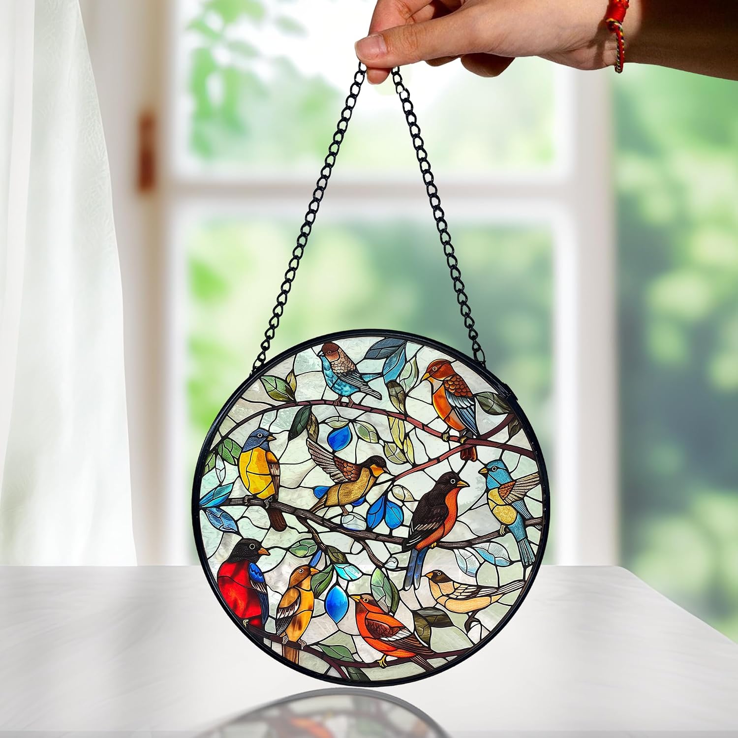 Bird Stained Glass Window Hanging, Rustic Cottagecore Bird Sun Catchers Indoor Window Round Glass Wall Art Decor, Birds Lover Gifts Suncatcher Wall Hanging Gardening & Lawn Care