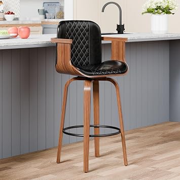 Swivel Counter Bar Stools, Faux Leather Upholstered Barstools with Solid Wood Back & Armrest, Diamond-Quilted Modern Kitchen Island Chairs for Home/Bar/Cafe, 29 Inch Seat Height, Black