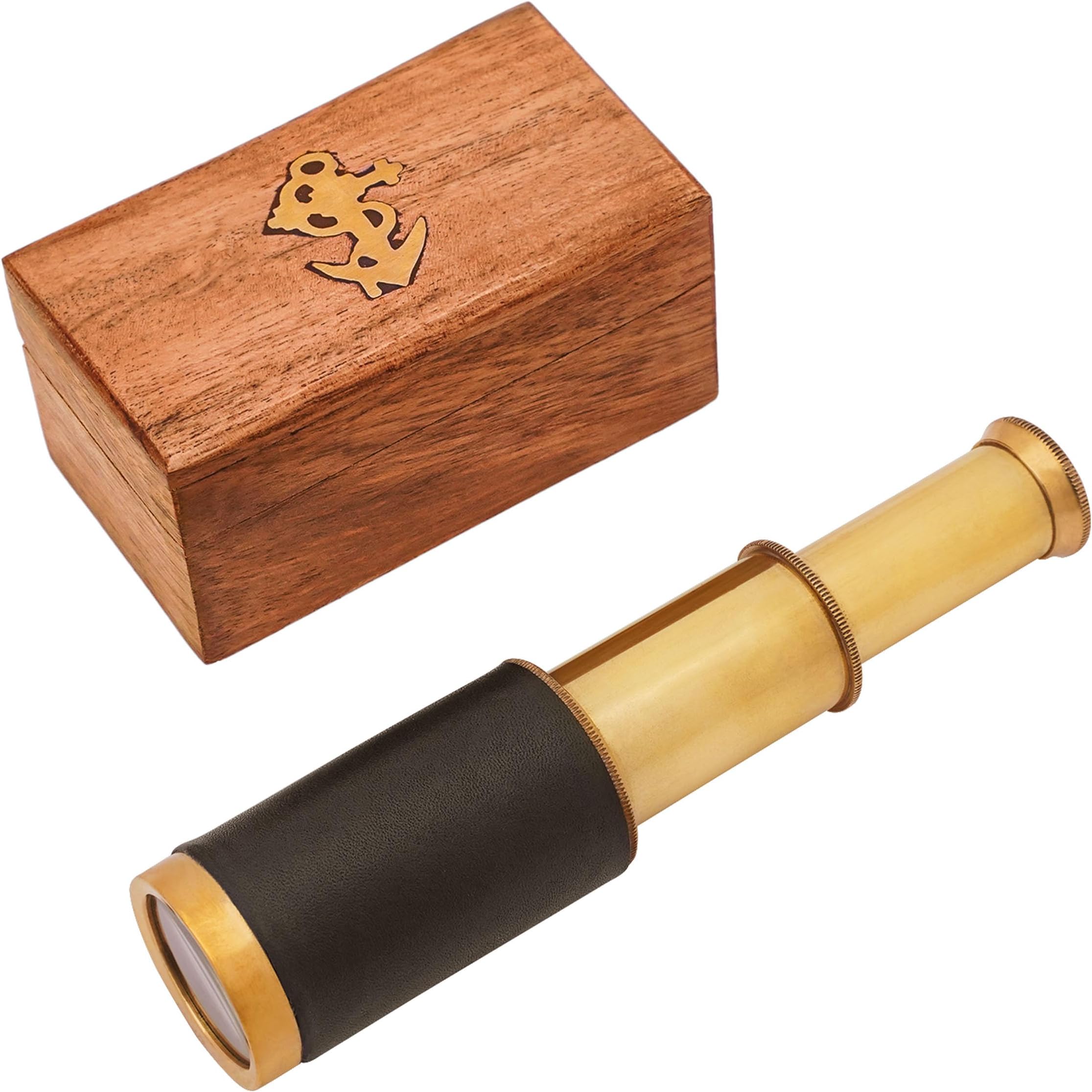 Mythrojan Brass Handheld Telescope 6"" Mini Spyglass with Wooden Box, Pirate Binocular, Spyglass Collapsible Monocular Decorative Cosplay Accessory for Travellers, Adventures