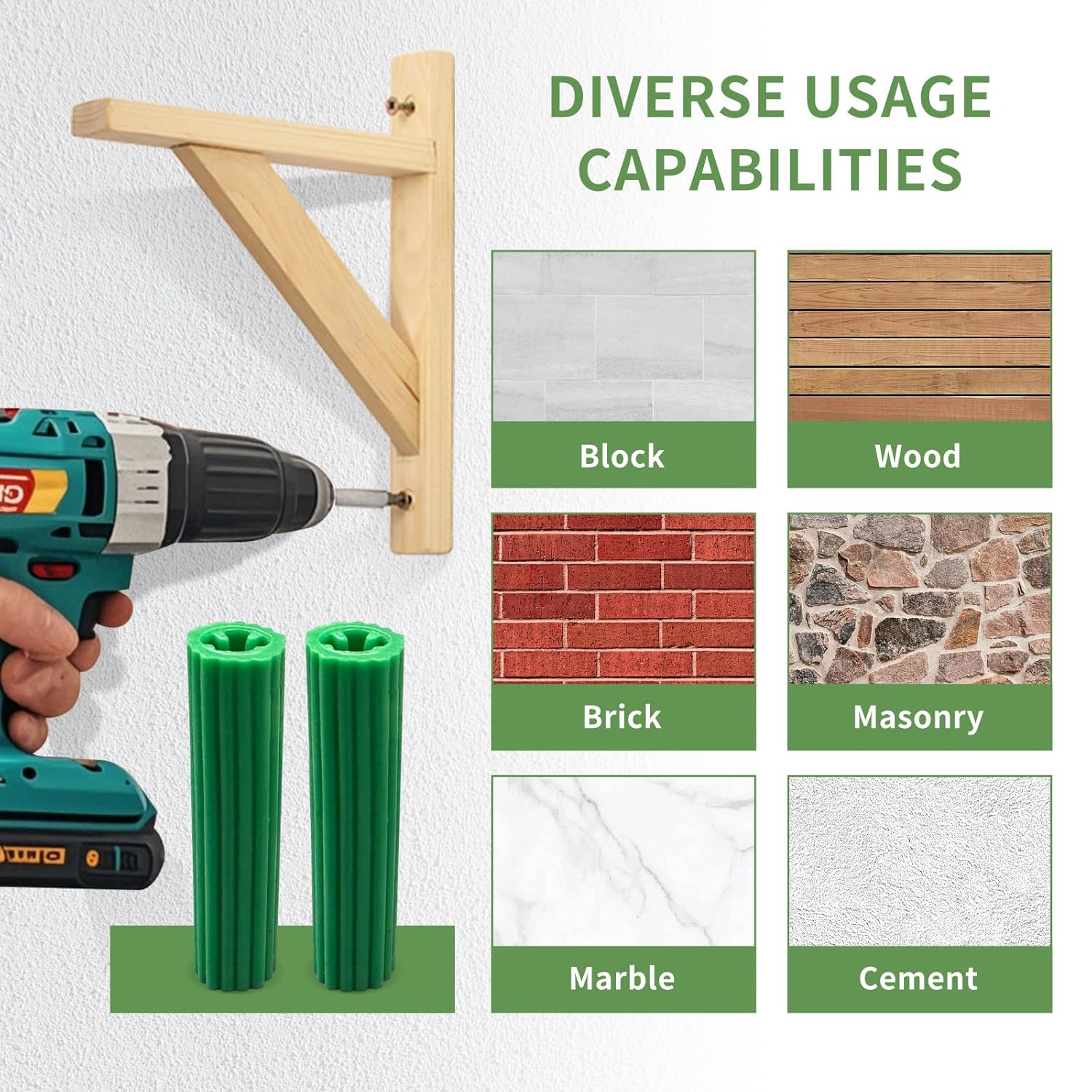 Green Plastic Screw Anchors, 150pcs Expansion Anchors for Concrete, Tile & Marble, Heavy Duty Drywall Anchors