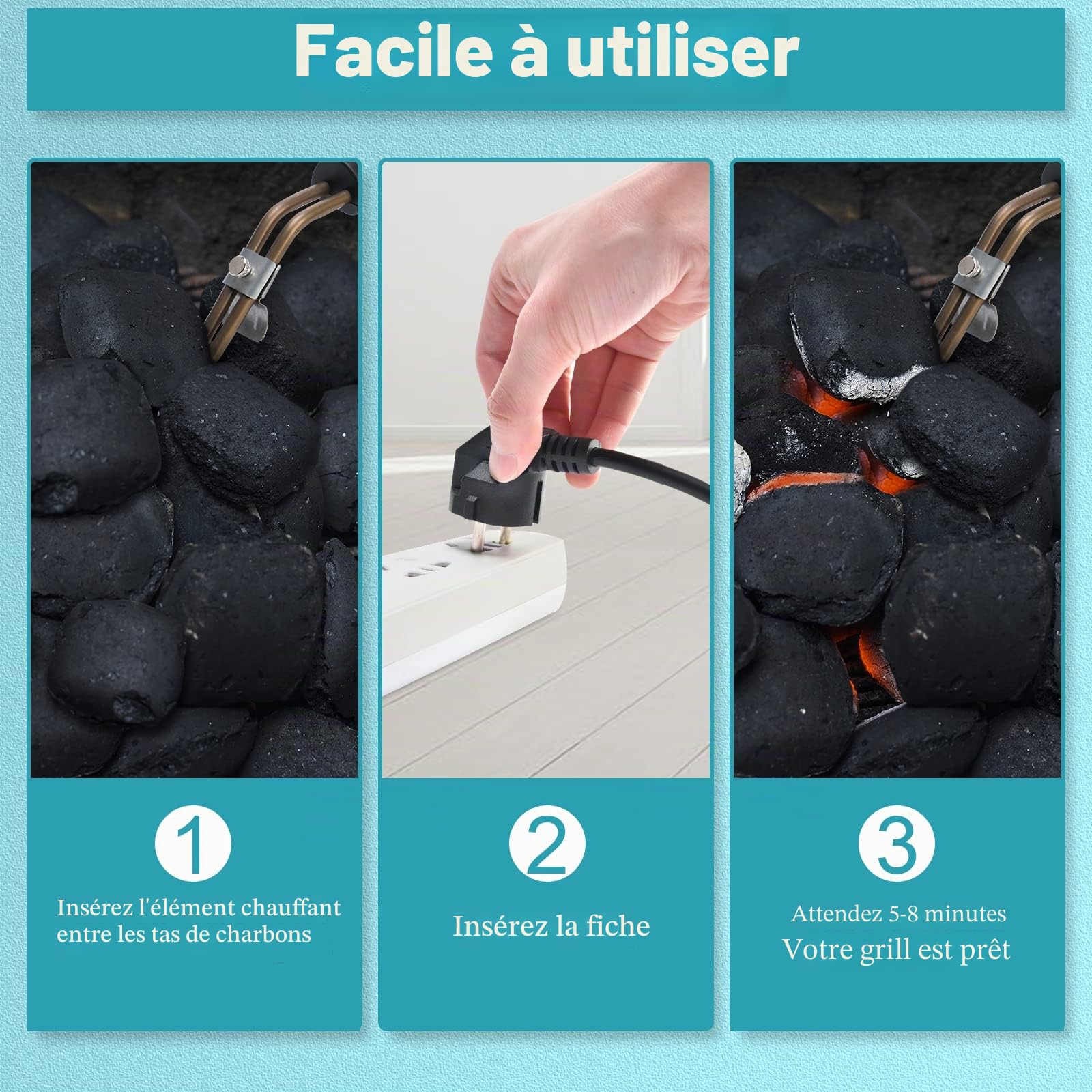 Kitosun Allume électrique pour Charbon et Briquettes - Allumage Simple et Rapide des Barbecue Briquettes - Pas d'étincelles ni de Flammes - Éléments de Bobine en Acier Inoxydable 304 (700 W)