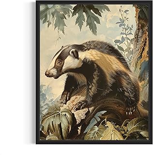 Badger Vintage Poster Art Print, Retro Animal Decor Nature, Wildlife Wall Decor Artwork Decoration 60 (Badger, 16 x 20 inches, Unframed)