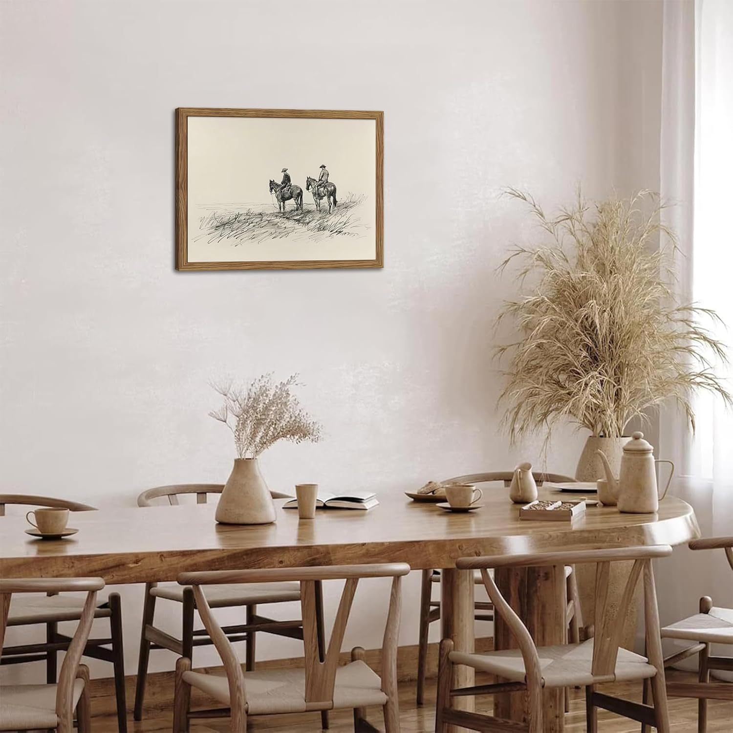 Framed Western Wall Art, Cowboys on Horses Sketch Picture Print, Western Wall Decor, Vintage Country Farmhouse Western Cowboys Canvas for Living Room Bedroom Home 16x24 inch