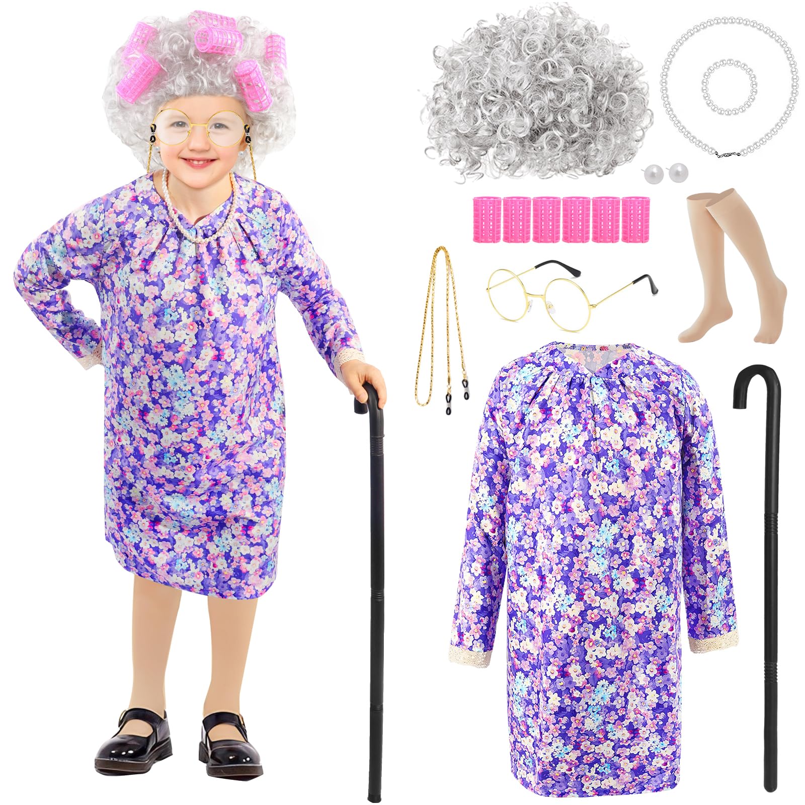 Mprocen Old Lady Fancy Dress Kids, 100 Days of School Costume Wig Dress Set Cosplay Party Accessories with Glasses Pipe Eyebrow Beard Stickers Cane for Halloween World Book Day Outfit