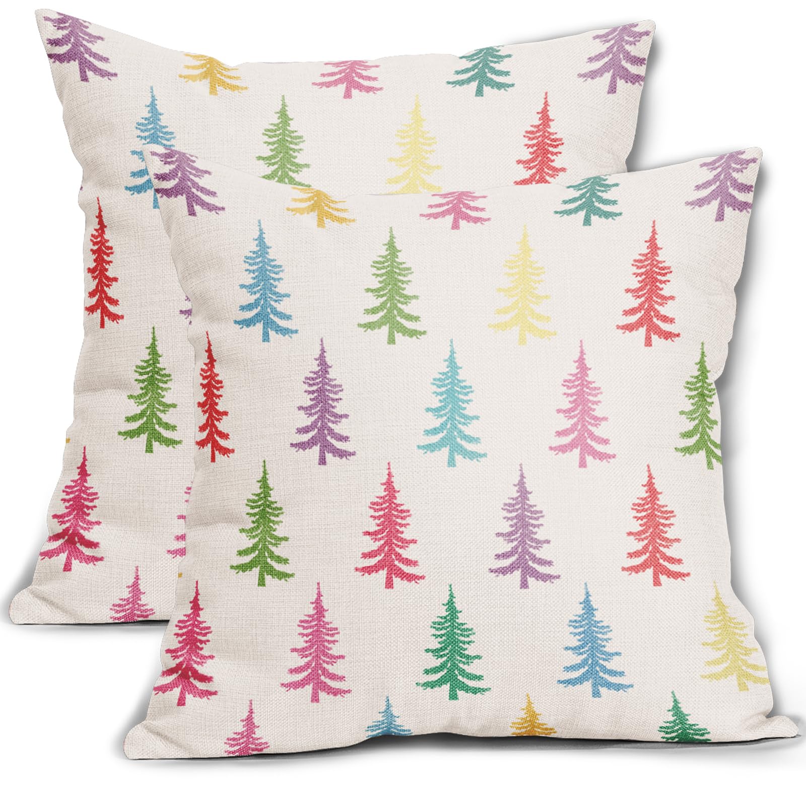 Aytipun Colorful Christmas Tree Throw Pillow Covers 18x18 Set of 2 Rustic Xmas Vintage Holiday Print Decorative Outdoor Pillowcases Winter Farmhouse
