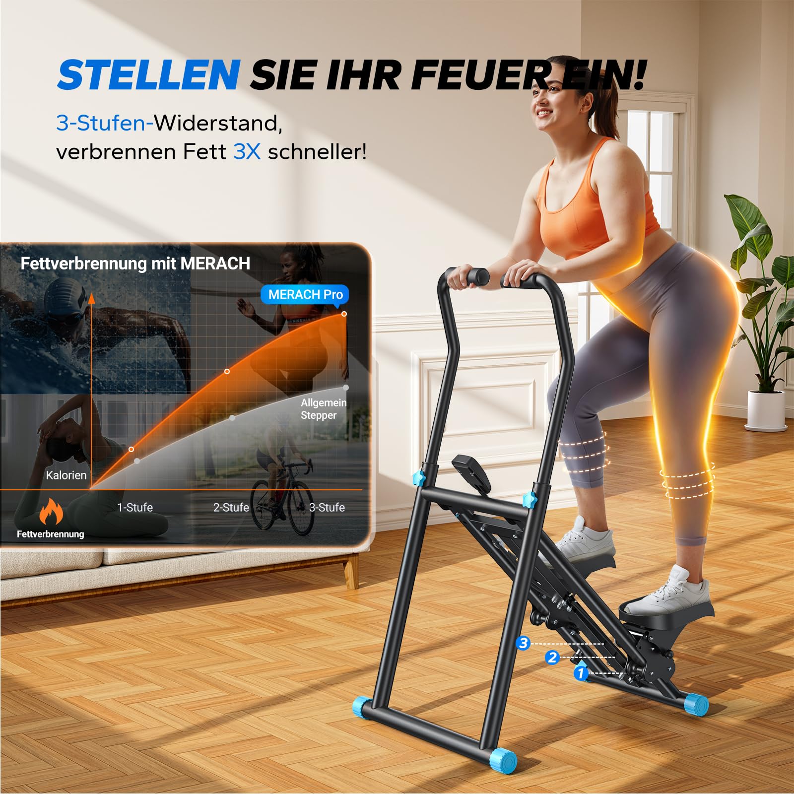 MERACH Stair Stepper Pro 2026, Stairmaster per la casa con 3 livelli di resistenza regolabili, pieghevole, cardio, verticale, con manubrio regolabile, per casa, ufficio, fitness