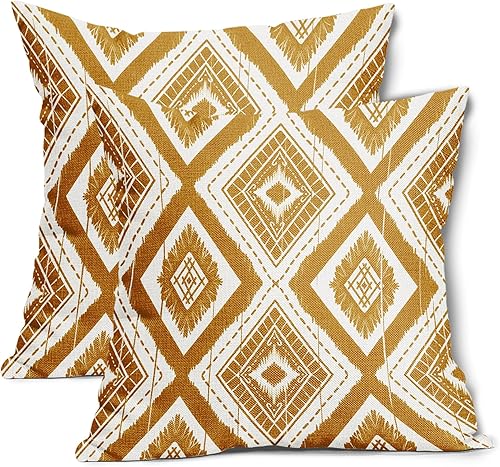 Miniatura 8 de aportt Juego de 2 fundas de almohada geométricas de color naranja quemado de 18 x 18 pulgadas con diamantes Ikat de color marfil óxido, estilo