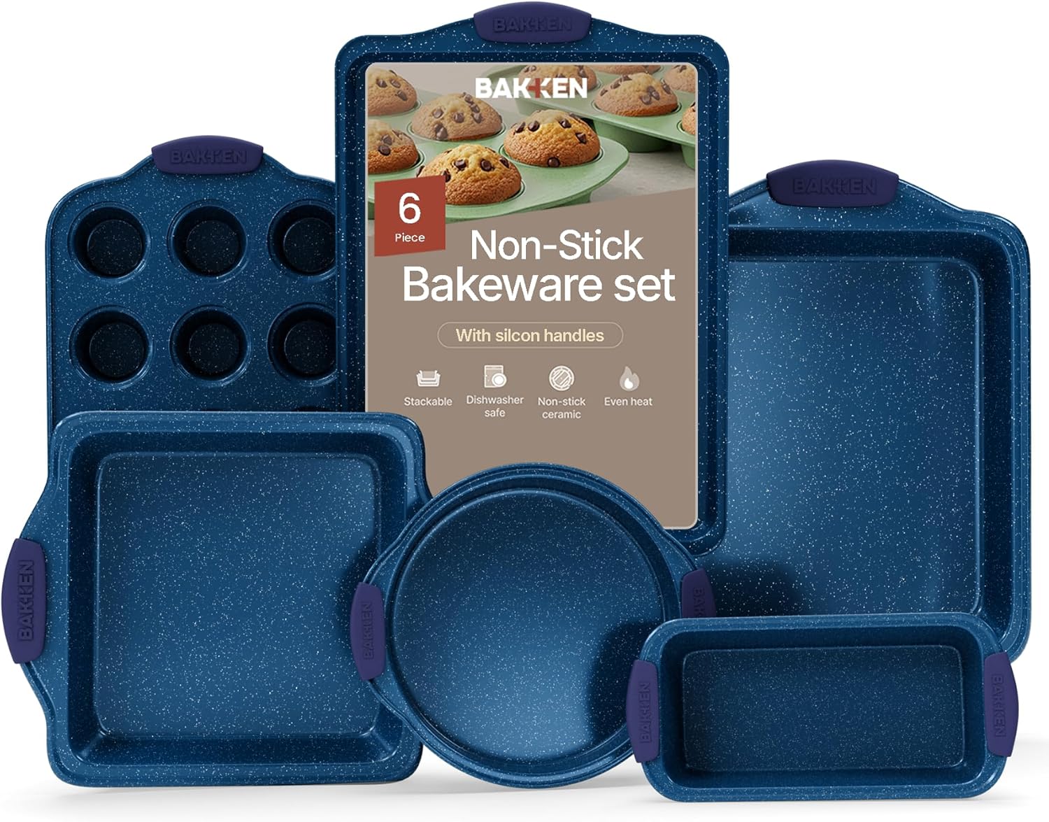 ( incomplete )BAKKEN Kitchen Baking Pan Set - Nonstick Coating, Carbon Steel Bakeware Sets with Blue Silicone Handles, Baking Kitchen Essentials, PFOA, PFOS, PTFE Free, Oven Safe Tray (Up To 450° F), Set of 6 Blue Marble 6 Piece Set