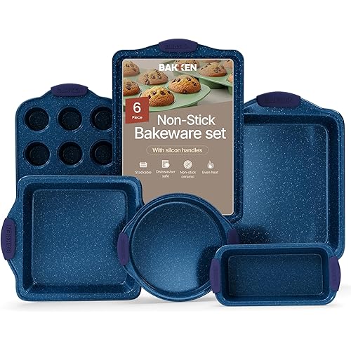 BAKKEN Kitchen Baking Pan Set - Nonstick Coating, Carbon Steel Bakeware Sets with Blue Silicone Handles, Baking Kitchen Essentials, PFOA, PFOS, PTFE Free, Oven Safe Tray (Up To 450° F), Set of 6