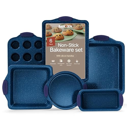 BAKKEN Kitchen Baking Pan Set - Nonstick Coating, Carbon Steel Bakeware Sets with Blue Silicone Handles, Baking Kitchen Essentials, PFOA, PFOS, PTFE Free, Oven Safe Tray (Up To 450° F), Set of 6