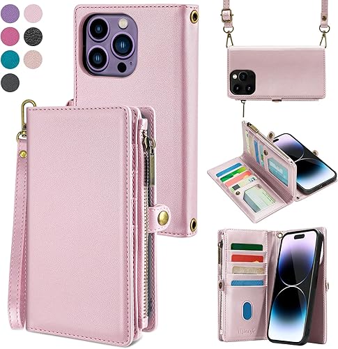MInCYB Funda tipo cartera para iPhone 15 Pro Max con tarjetero (12 ranuras para tarjetas), funda de piel sintética para mujeres y hombres, carga