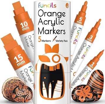 5 Orange Paint Pens - Extra Fine Tip, Thin & Jumbo 1mm, 3mm, 6mm, 10mm, 15mm - Acrylic Orange Paint Marker for Metal, Fabric Pen, Plastic, Canvas, Wood, Rock Painting - Water-based Ink