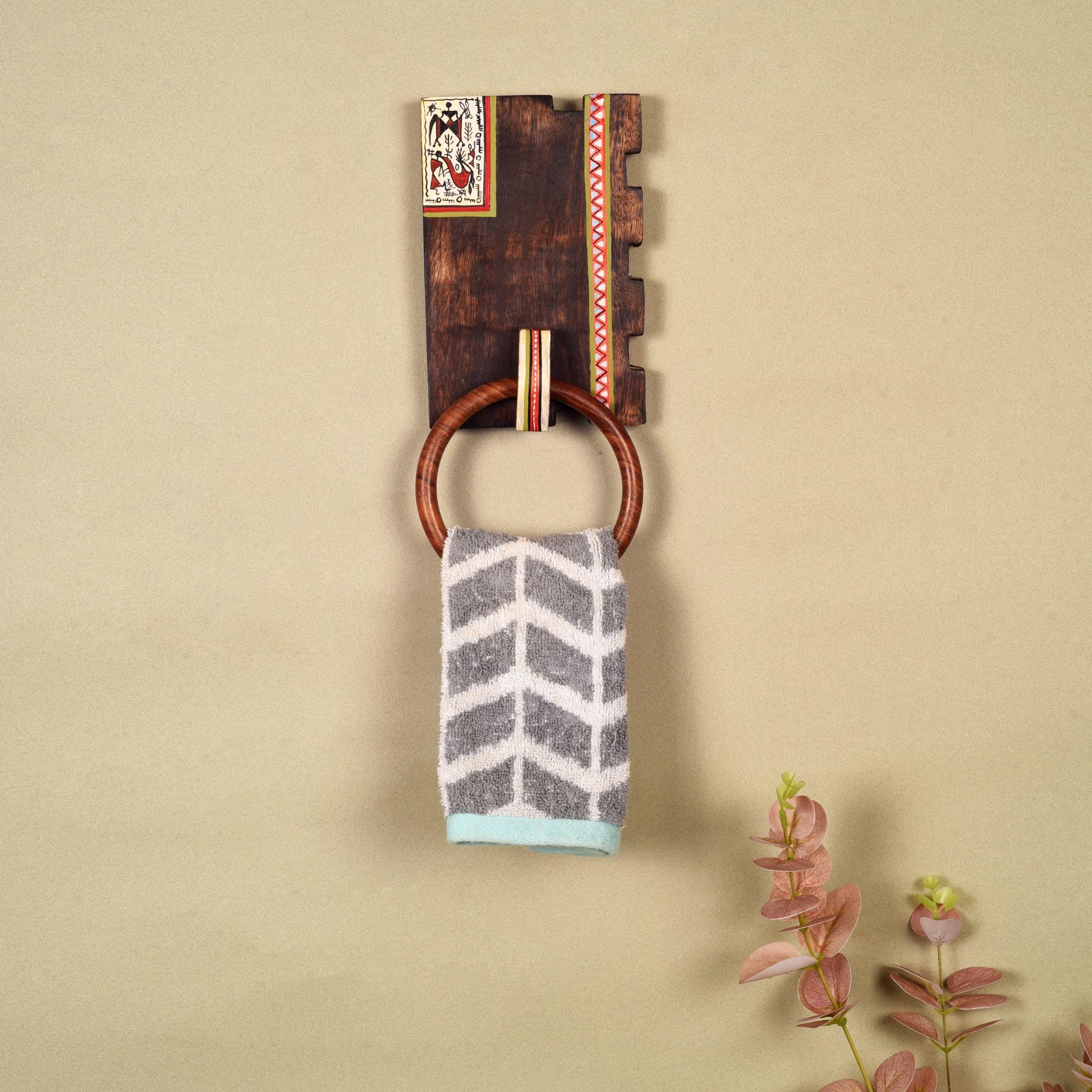 Aakriti Art Creations Warli Art Wooden Towel Holder | Handcrafted Bathroom Towel Hanger with Warli Art | Matte Finish Brown Mango Wood Wall Mounted Towel Ring for Bath & Wash Area-image-48