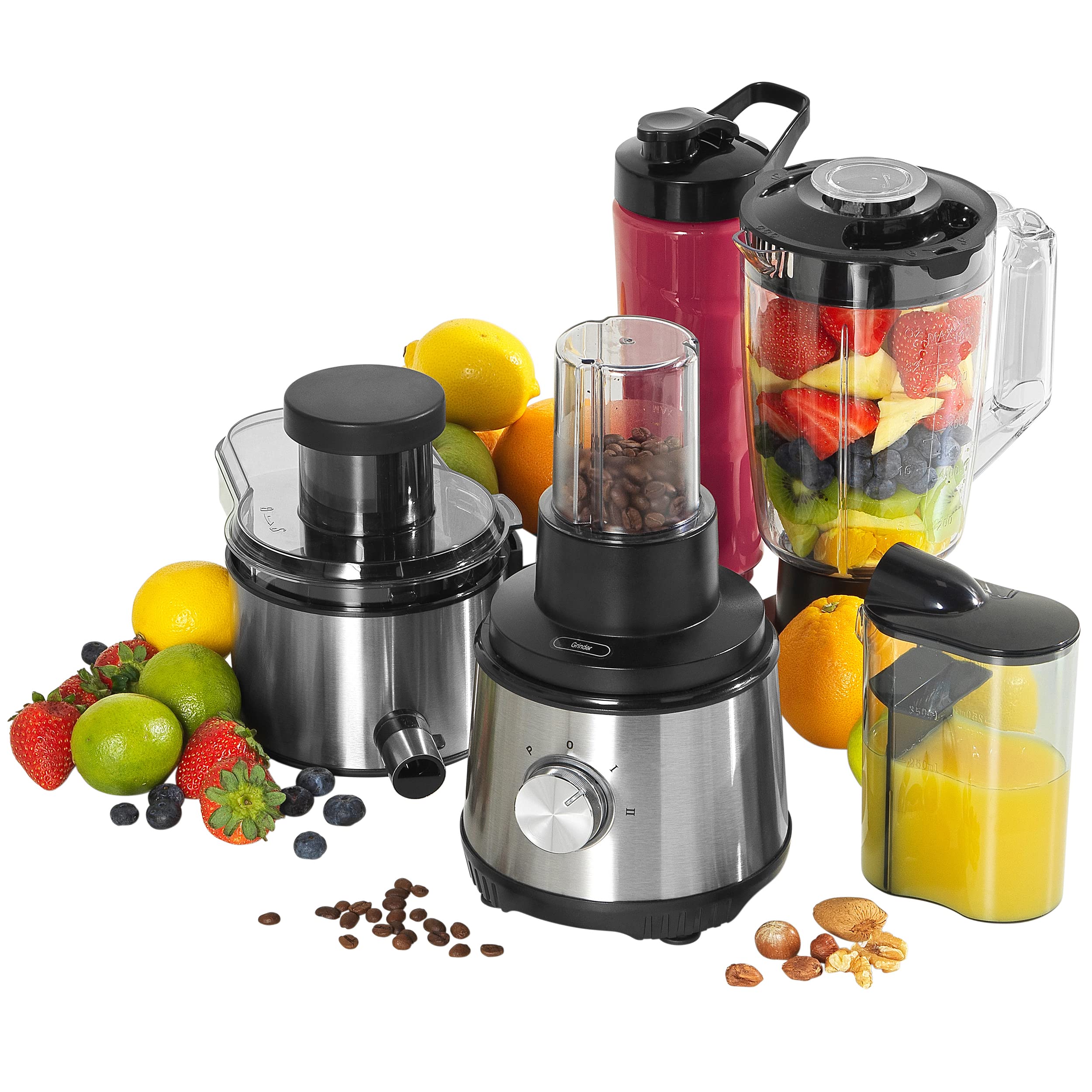Petra PT4294VDEEU7 4 in 1 Centrifuga elettrica - spremiagrumi, frullatore, macinacaffè, caraffa da 1 l e Bottiglia, 2 velocità a impulsi, frullati proteici, Tazza da 30 g di caffè, Senza BPA, 400W | Caraffa 1 L, contenitore polpa 850 ml, contenitore succo