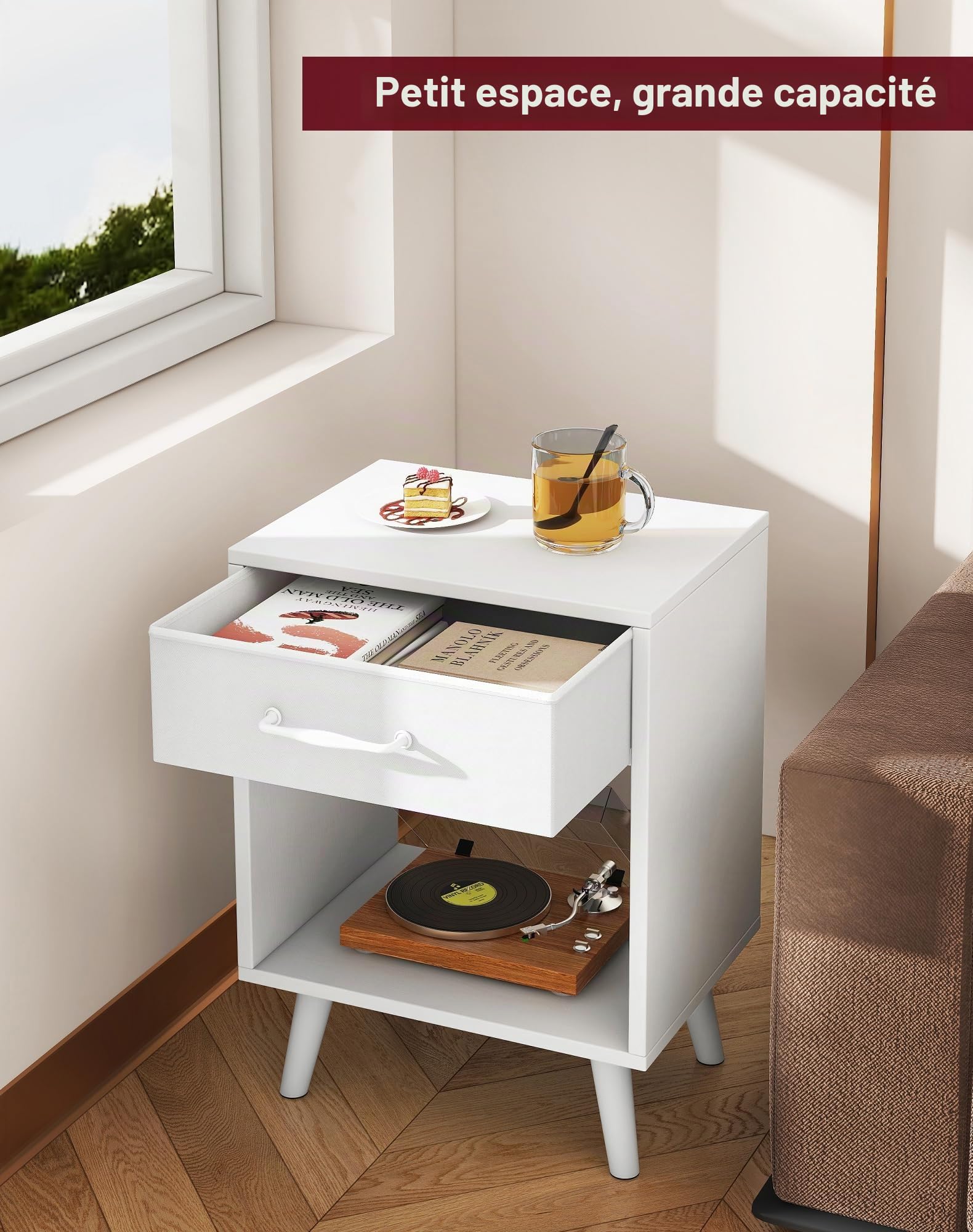 YMYNY Lot de 2 Tables de Chevet, Table d'Appoint, Commode de Chevet, Tiroir en Tissu avec Poignée, Étagère Ouverte, Pieds en Bois Massif, Style Industriel Rétro, pour Chambre, Salon, Blanc HST020W-2