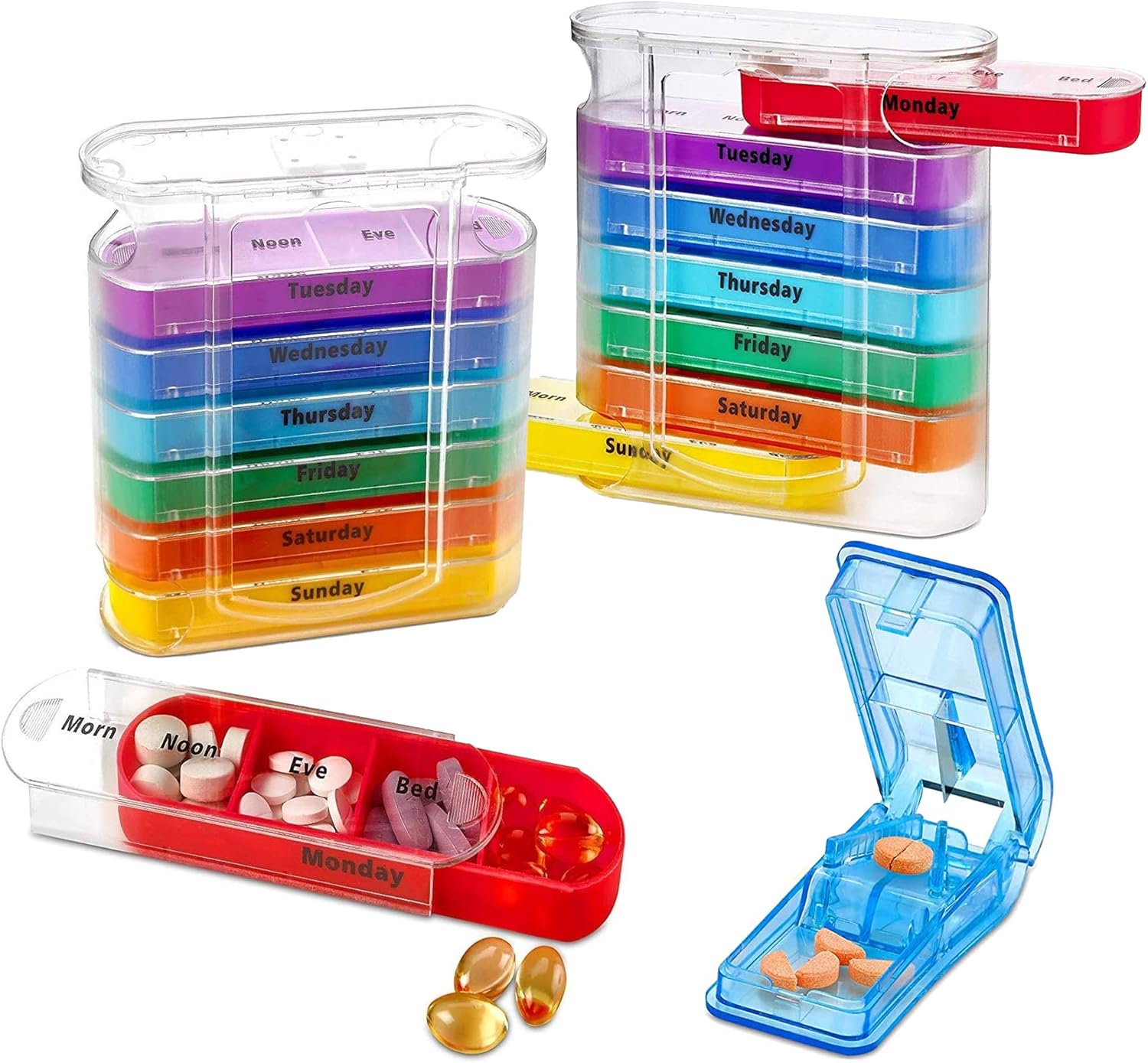 Weekly Pill Organizers with Pill Cutter VGrip Pill Splitter (Pack of 2) Stackable