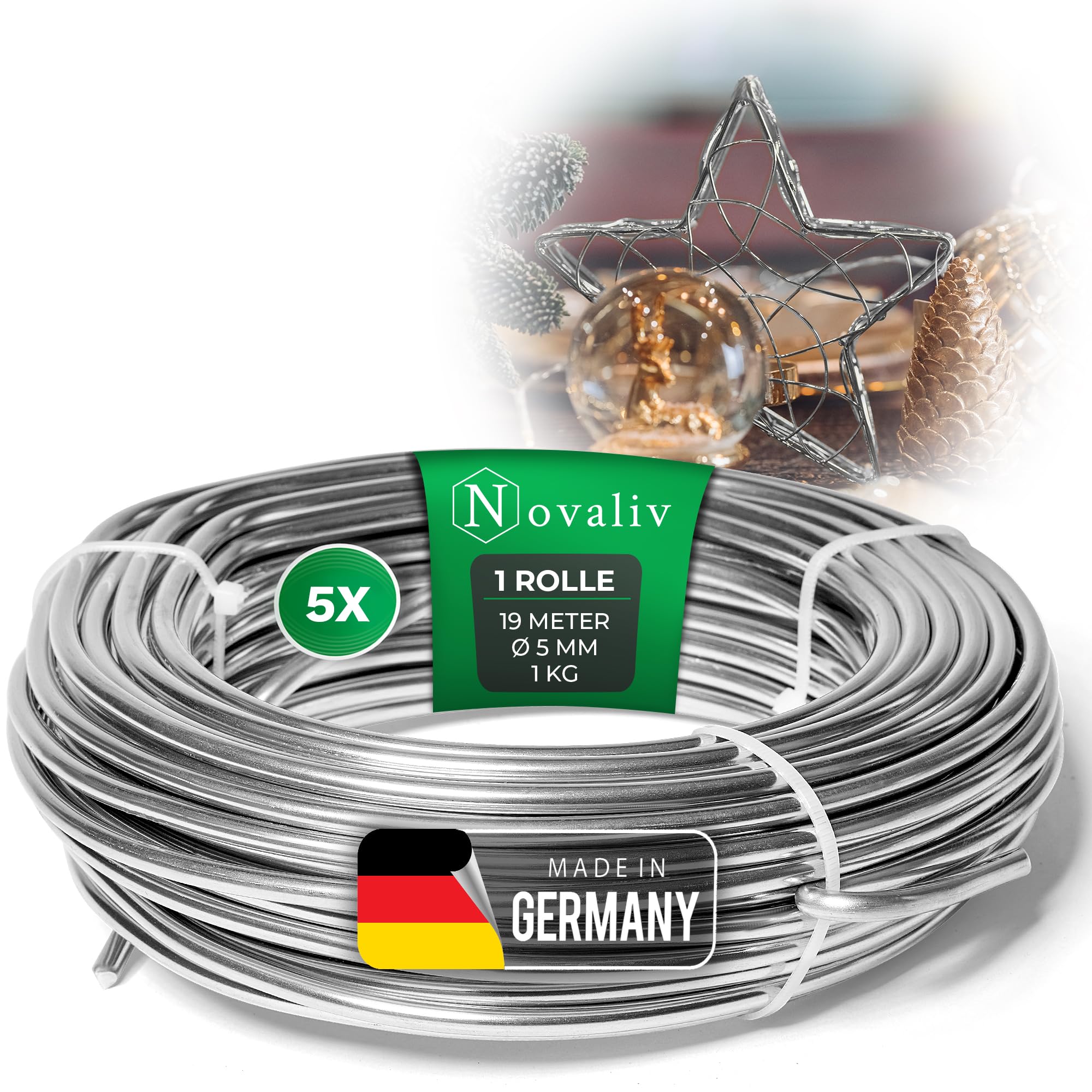 Novaliv 95 Meter Aluminiumdraht 5mm Silber, Basteldraht ideal als Biegedraht zum basteln, Vielseitig für DIY-Projekte und Dekorationen, 19m Rolle Dekodraht, Schmuckdraht, Blumendraht, Laternendraht