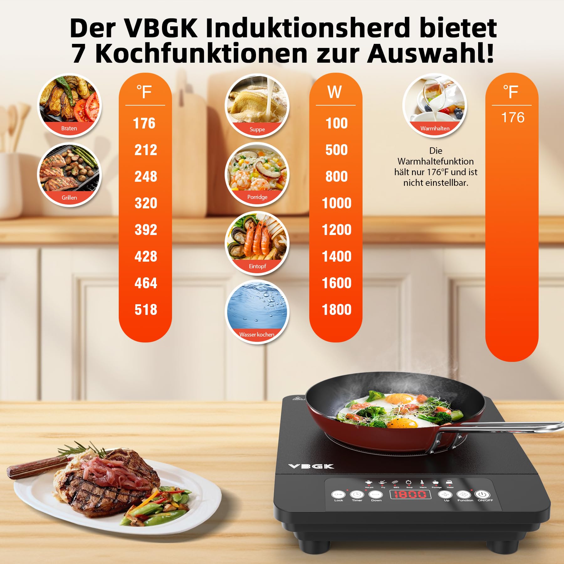VBGK Induktionskochfeld 1 Platten,1800W Tragbares Induktionskochplatte, 220V Kochfelder mit LCD-Touch, 8 Temperaturstufen, Kindersicherung,4-Stunden-Timer