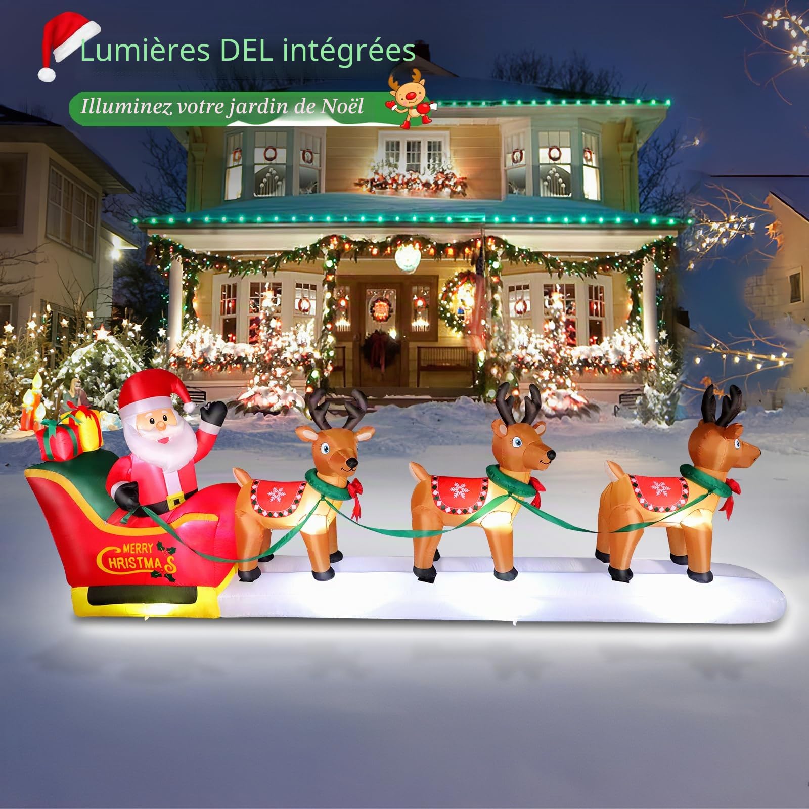 Père Noël Gonflable et Traîneau de Rennes de 3,66 m avec LED, Père Noël XXL et 3 Rennes avec Ventilateur, Décorations de Jardin Gonflables Imperméables pour Terrasse, Jardin, Parc, Centre Commercial
