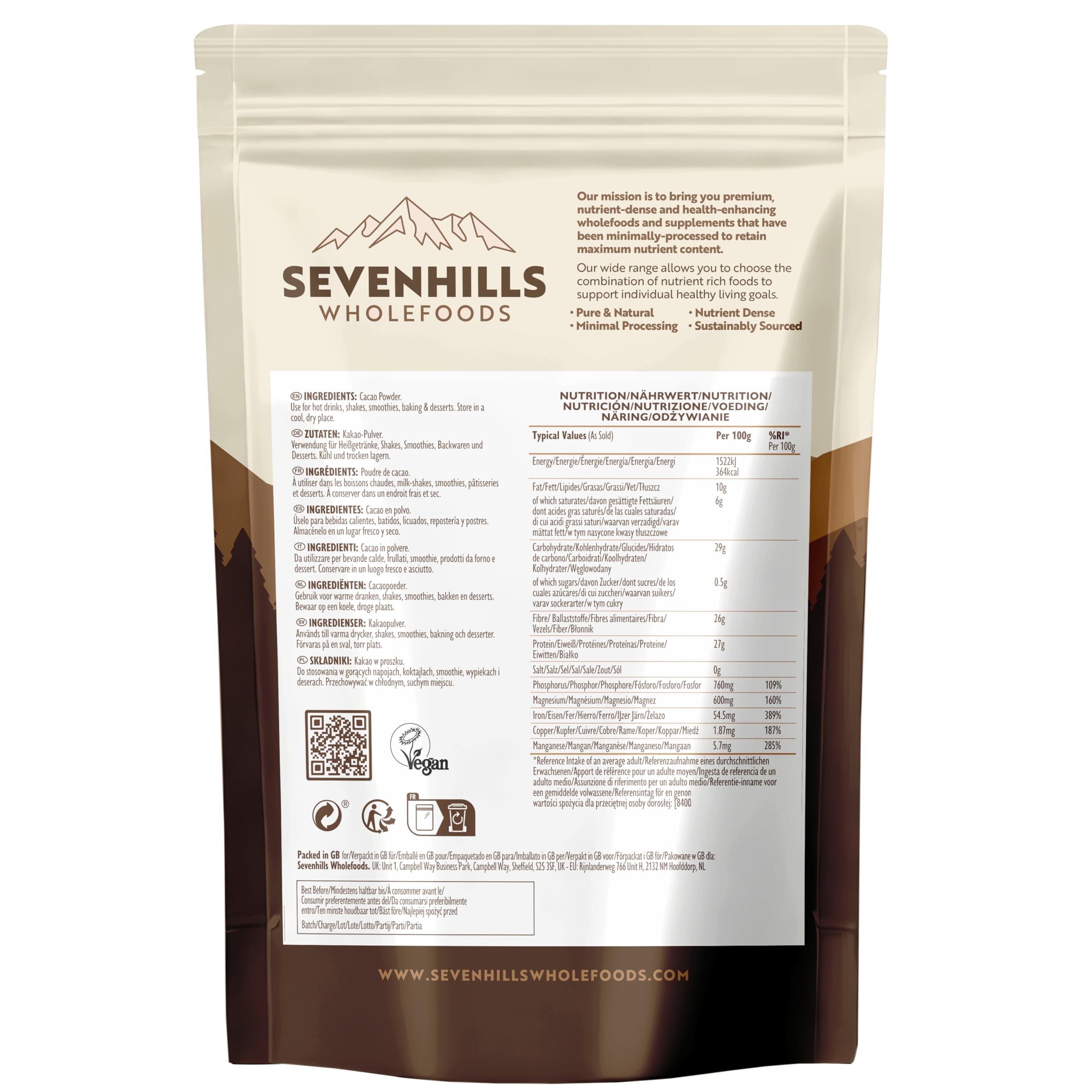 Sevenhills Wholefoods Cacao in Polvere 400g - Non Alcalinizzato - Ricco di Ferro e Magnesio - Puro, di Alta Qualità, Senza Zucchero, ideale per Dolci, Frullati e Cioccolata Calda