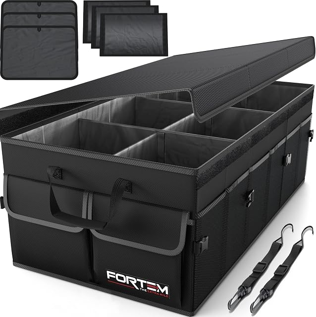 FORTEM Car Boot Organiser, Car Storage Organiser, Car Accessories, Collapsible Multi Compartment Car Organiser, Car Boot Tidy, Non Slip Bottom, Adjustable Securing Straps (Black)