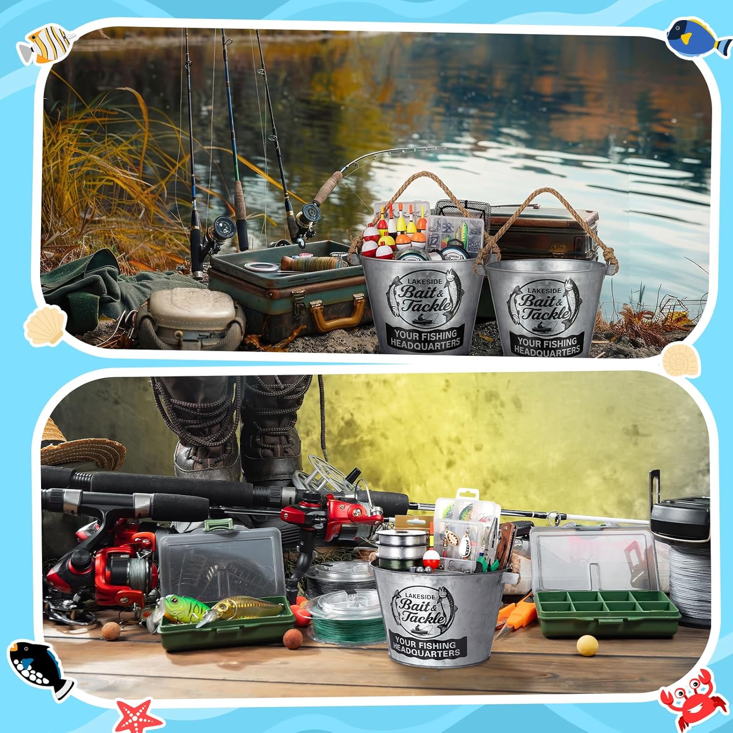 Honeydak 2 Pack 8 x 5.5 Inch Fishing Galvanized Metal Bucket Fishing Party Decorations Metal Bucket with Sturdy Rope Handle for Fisherman Ofishally One Birthday Decorations
