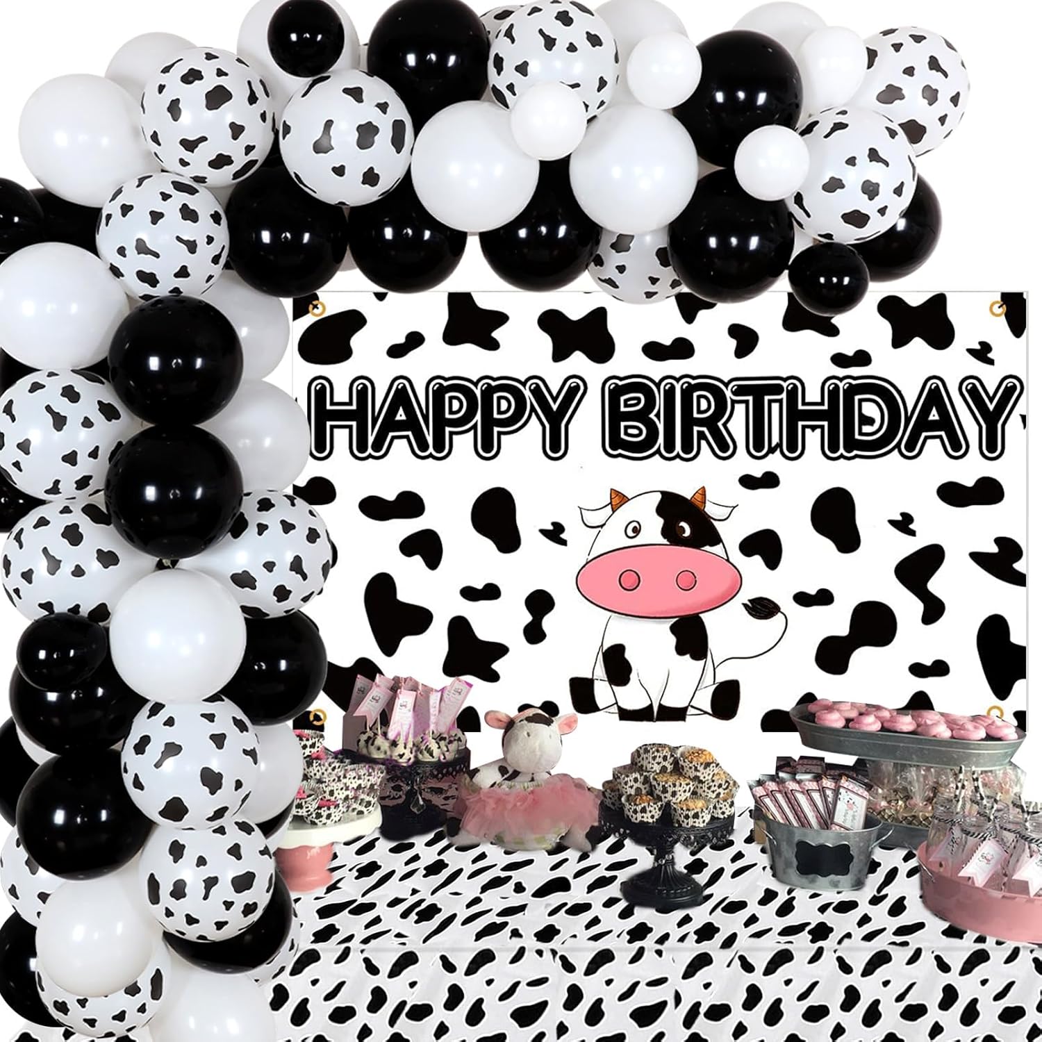 Cow Print Birthday Party Decorations, Cow Theme Balloon Garland Kit Black And White, Cow Happy Birthday Backdrop, Tablecloth, Cow Party Supplies for Boys and Girls - Image 4