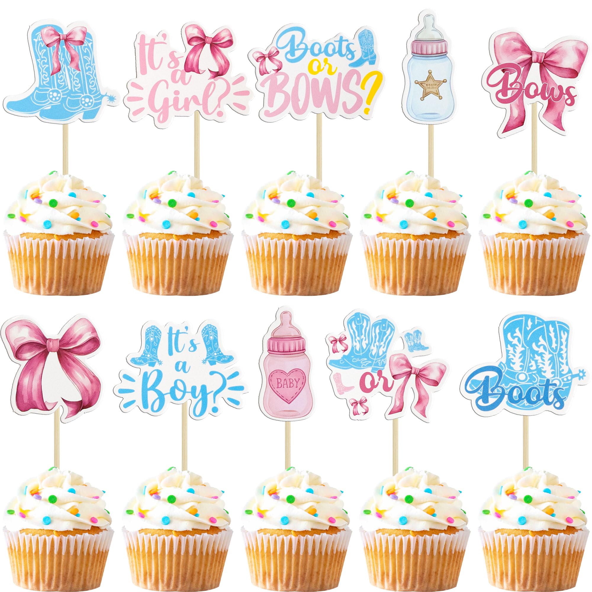 Gyufise 40Pcs Boots or Bows Cupcake Toppers Western Cowboy or Cowgirl Cupcake Picks It's a Boy It's a Girl Cake Decorations for Baby Shower Gender Reveal Birthday Party Supplies Blue Pink White
