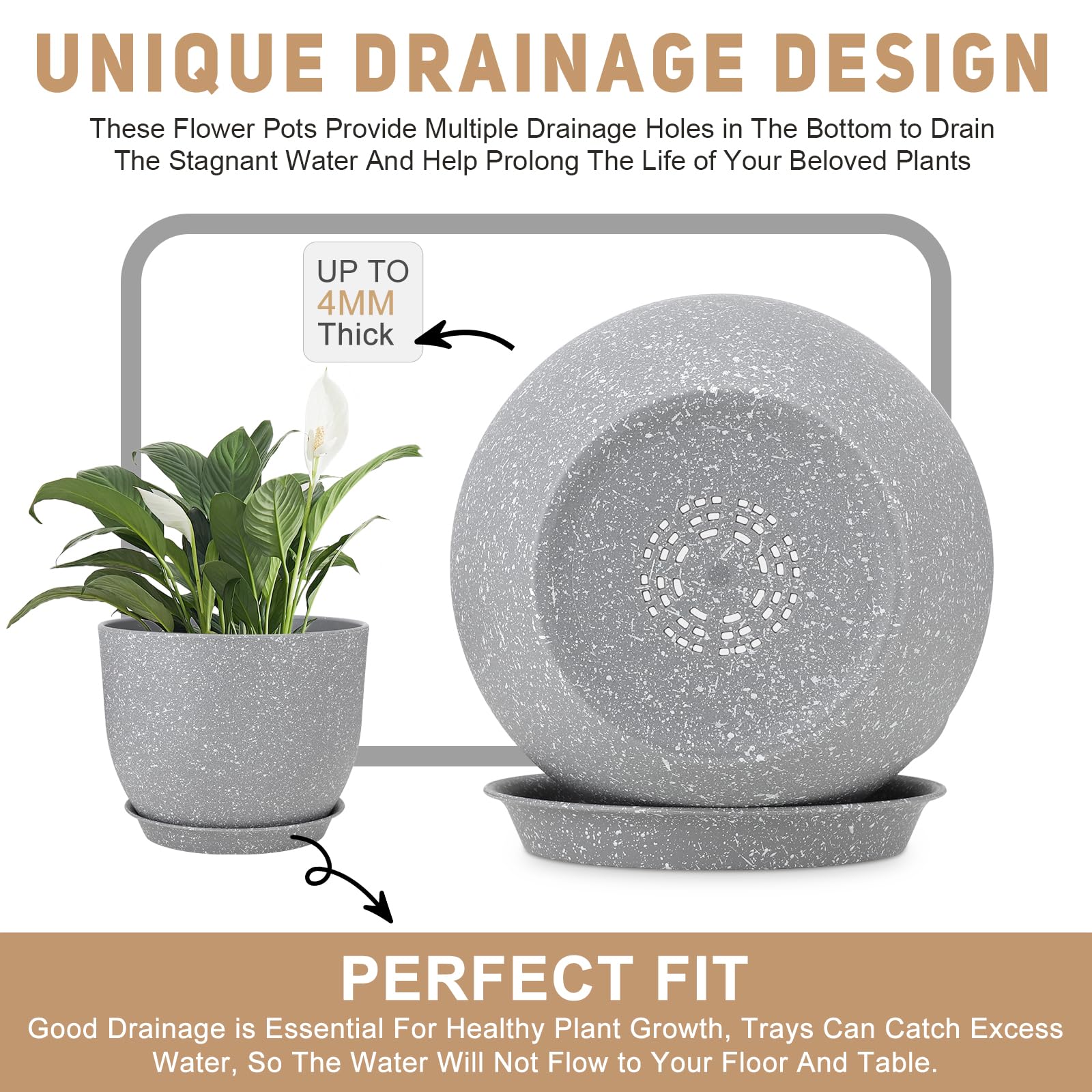 YNNICO Set di 3 vasi per piante da 30 cm, 25 cm, 22 cm, 22 cm, vasi da fiori con fori di drenaggio multirete, grandi fioriere per piante e fiori da giardino per interni ed esterni (grigio)