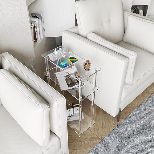 Miniatura 6 de HMYHUM Mesa auxiliar estrecha de acrílico con estación de carga, 7 pulgadas de ancho, mesa auxiliar pequeña de 3 niveles para espacios pequeños,