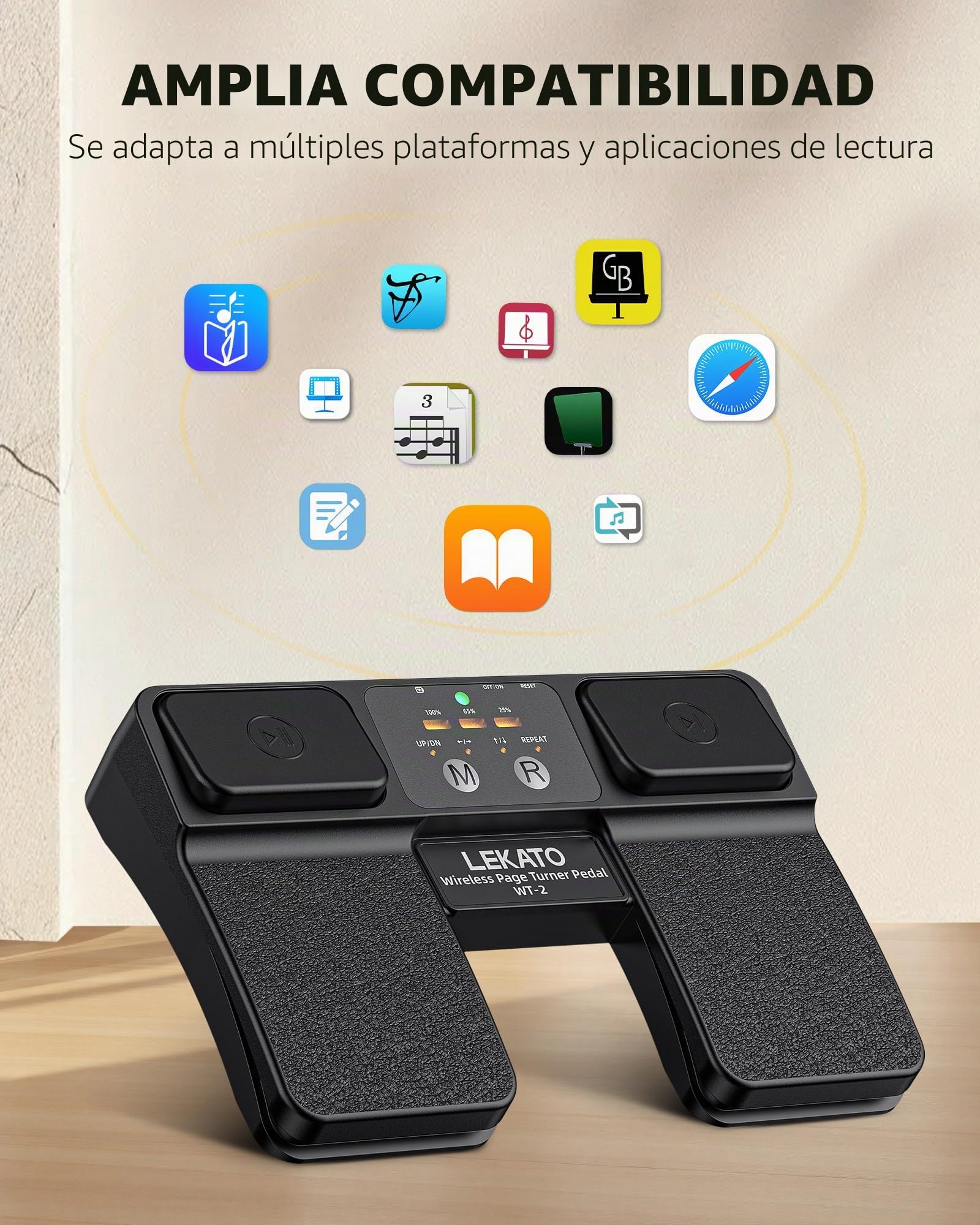 LEKATO Pedal inalámbrico Bluetooth para Pasar páginas, con Control de Pistas, indicador de batería y Pedal Recargable, Apto para partituras en móvil, Tableta y Directo