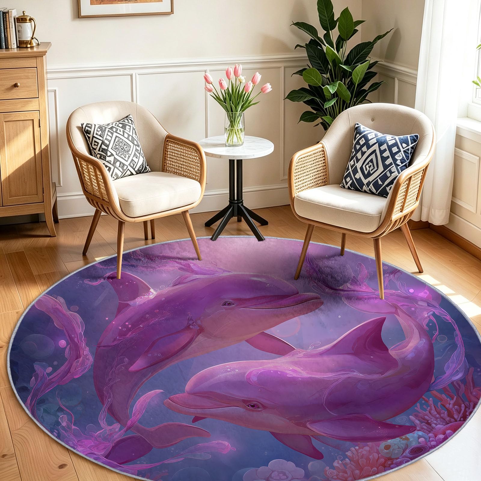Générique Tappeto rotondo fantastico racconto animale delfino mondo sottomarino, 180 cm, tappeto antiscivolo, lavabile in lavatrice, pelo corto, morbido tappeto soggiorno, ingresso scendere, ufficio