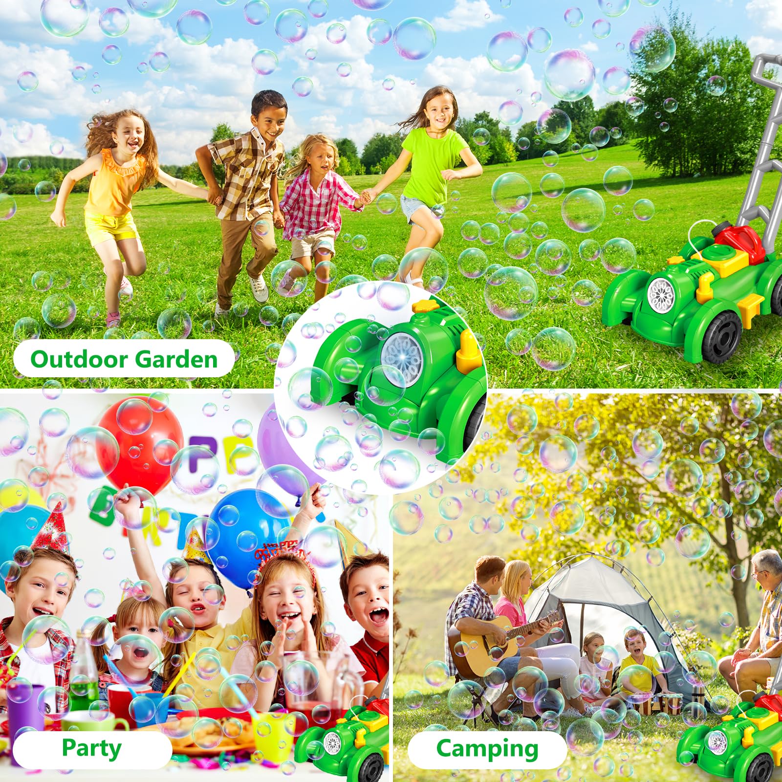 Maquina Pompas Jabon, Cortacesped Juguete Burbujas Jardin, Maquina Burbujas Automatico, Juguetes Exterior para Niños Verano Fiesta, Regalos para Nayores de 3 4 5 Años (Verde)