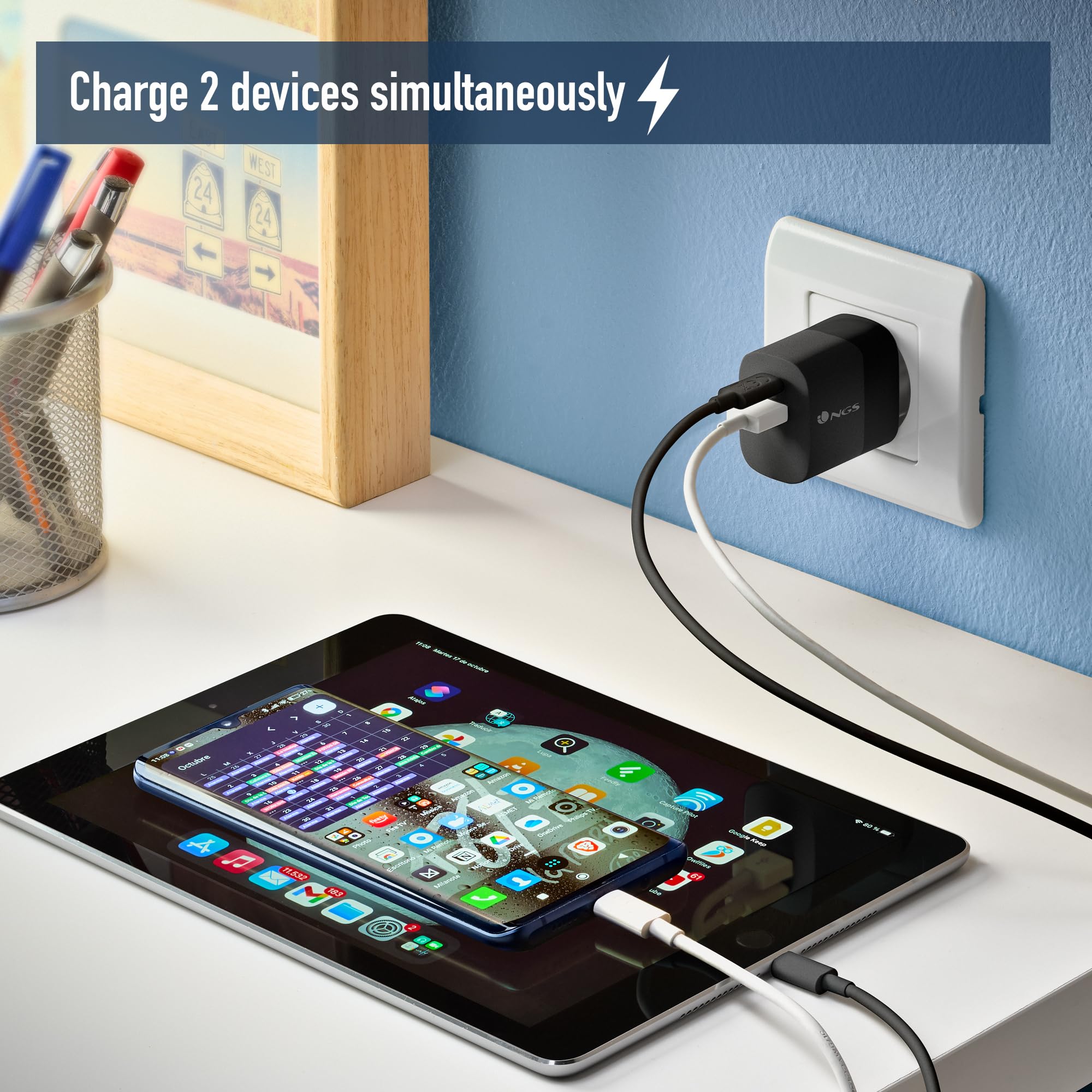 NGS Bud 45W – Cargador GAN Pared 45 W, 2X USB-C PD y PPS + 1x USB-A QC 3.0, 3 Puertos, Carga Rapida Simultanea, Compacto, Smartphones, Tablets y Portatiles