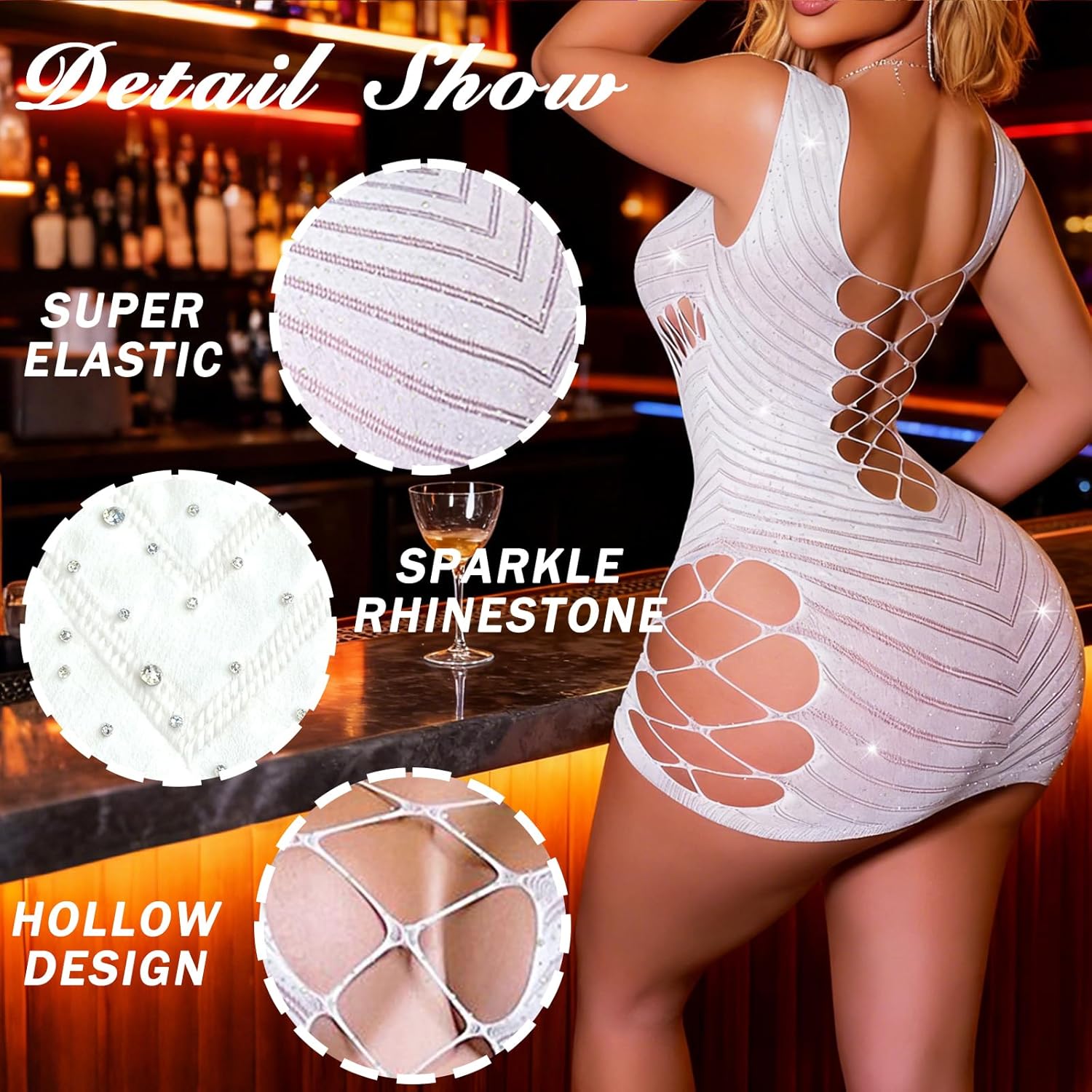 Lingerie for Women Sexy Long Sleeves Stripper Outfit Chemise Babydoll Rhinestone Fishnet Teddy Mini Dresses - Image 2