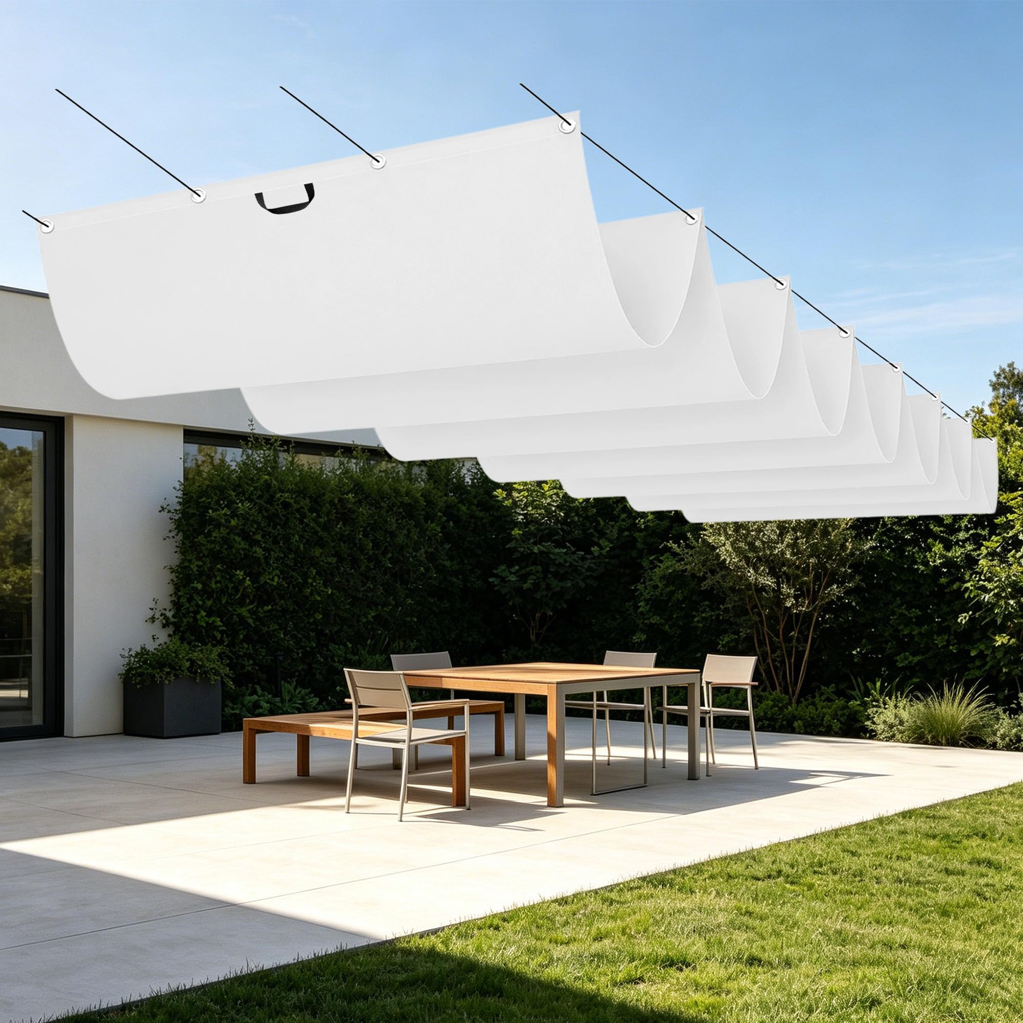 Toile ombrage rétractable vague blanche pour repas sur balcon et patio