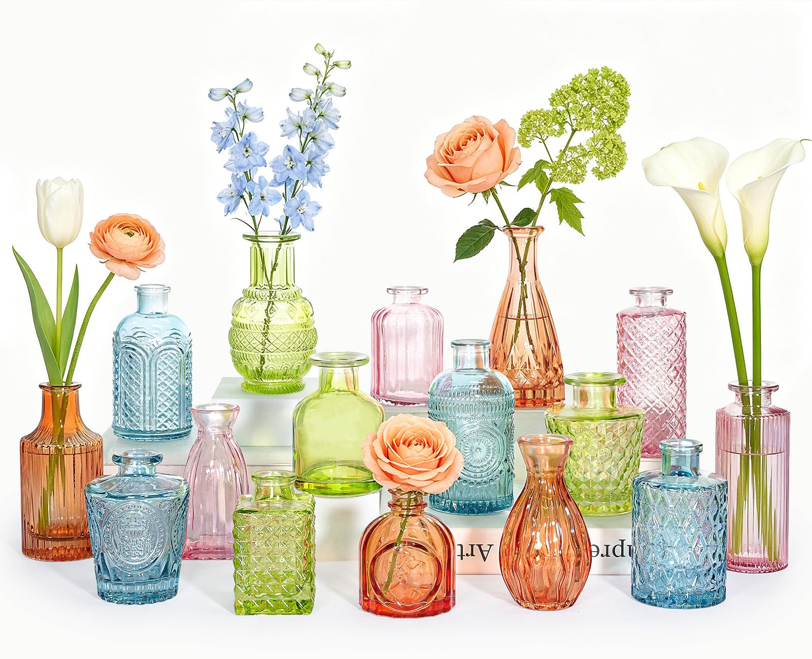 SUPMIND 16P Glass Bud Vases, Mix-Colored Small Flower Vase for Centerpieces | Multi-Colored Vases in Bulk, Mini Vintage Vases for Wedding, Home, Table Decoration