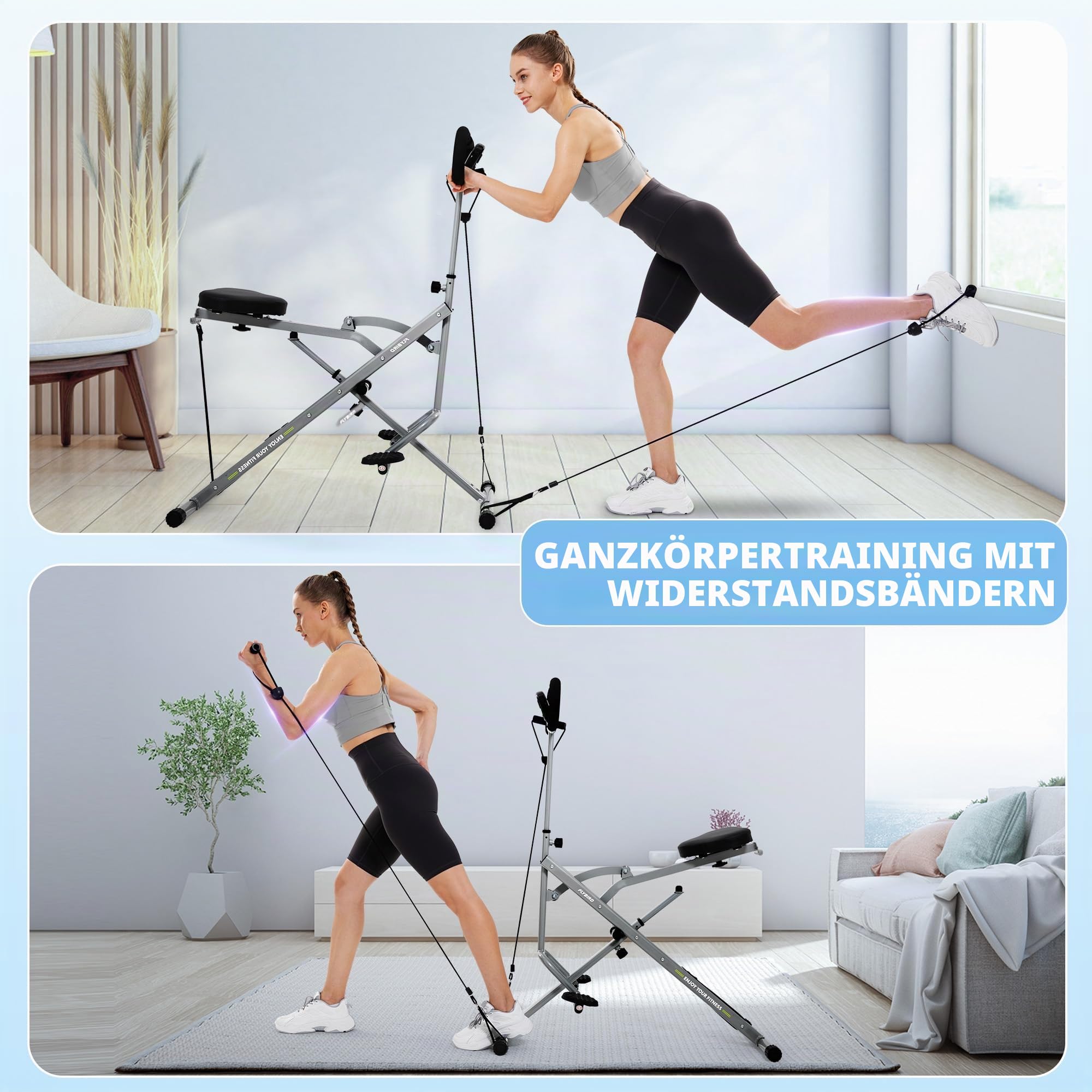 FLYBIRD Kniebeugenmaschine, Ruderfahrrad für Gesäß, Kern,Beine & Ausdauertraining,4 verstellbare Widerstandsstufen, klappbar&einfach aufgebaut,Ganzkörpertraining Heimtrainer,Belastbarkeit 158 kg,Grau