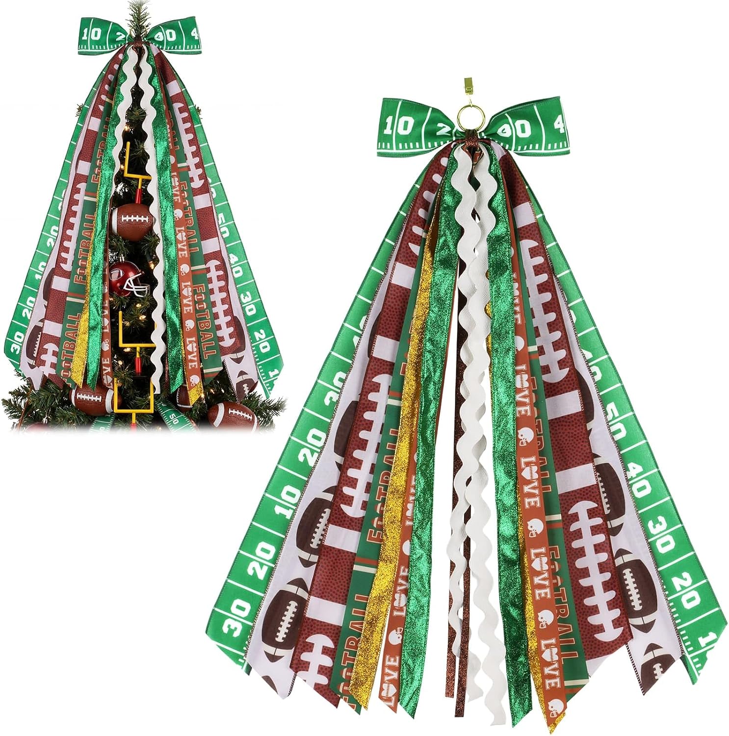 Football Wreath Sash with 9 Ribbon Streamers, Winter Bow for Front Door, Game Day Burlap Decor, Sparkle Decorations 27.5 Inch