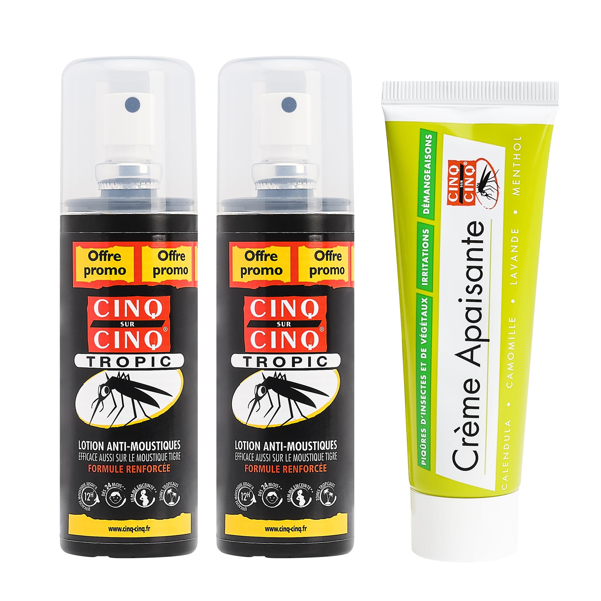 CINQ SUR CINQ | Kit Protection Anti-Piqûres | Lot de 2x 100ml Tropic spray lotion anti-moustique + Crème apaisante 40g | Formule renforcée anti-moustiques tigres | Pour adultes & enfants dès 3 ans