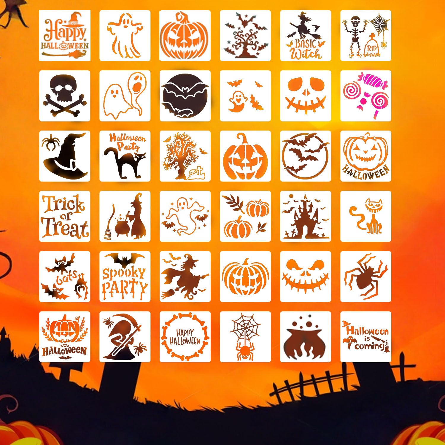 36 Pcs Halloween Stencils Reusable,3 x 3 Inch Halloween Stencils for Painting on Wood,Happy Pumpkin Spider Web Stencil for Greeting Cards Halloween Crafts Ornaments Wall Window Door DIY Decoration