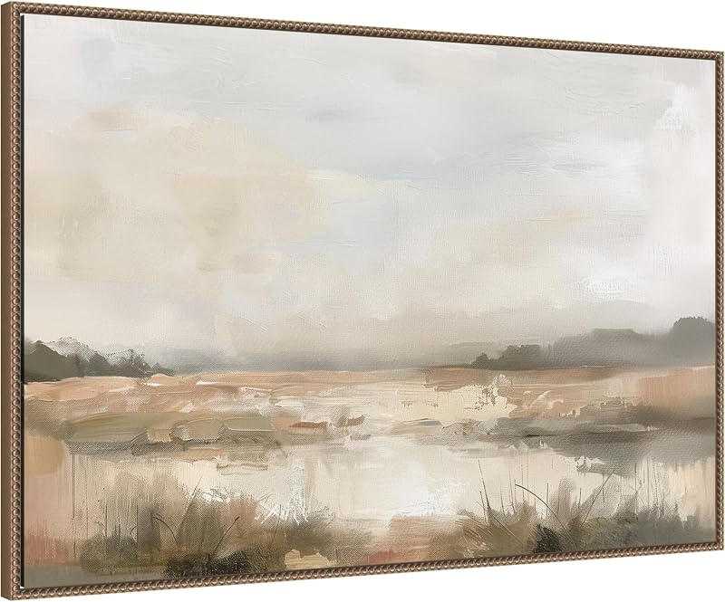 Framed Canvas Wall Art Print Neutral Abstract Landscape by The Creative Bunch Studio, 41 x 28 Sylvie Beaded Dark Gold Frame, Modern Contemporary, Landscape Art for Wall Decor