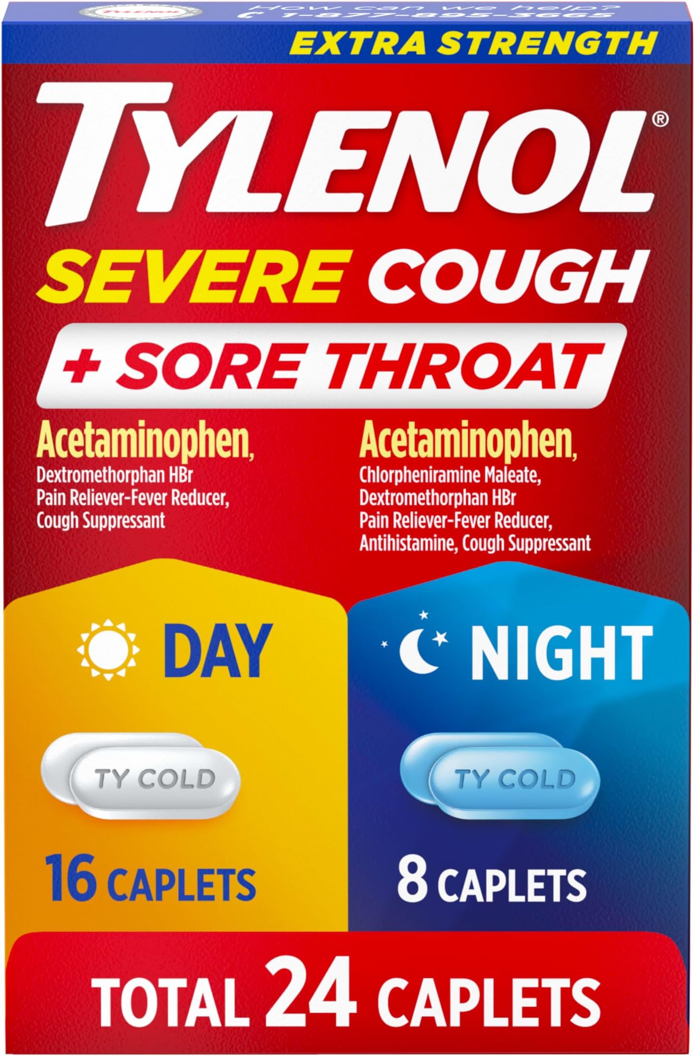 Tylenol Severe Cough + Sore Throat Day/Night, Acetaminophen, 24 ct