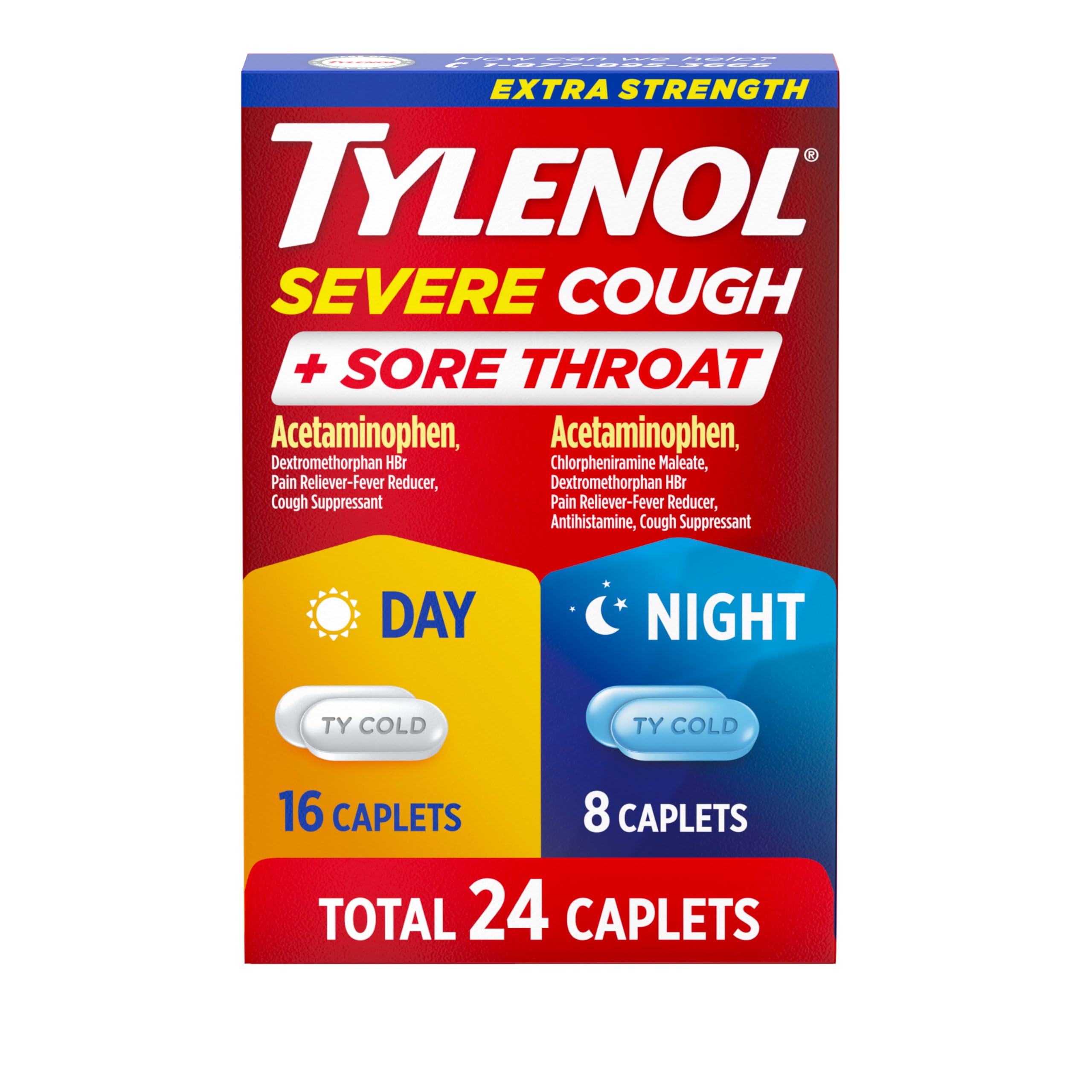 Tylenol Severe Cough + Sore Throat Day/Night, Acetaminophen, 24 ct