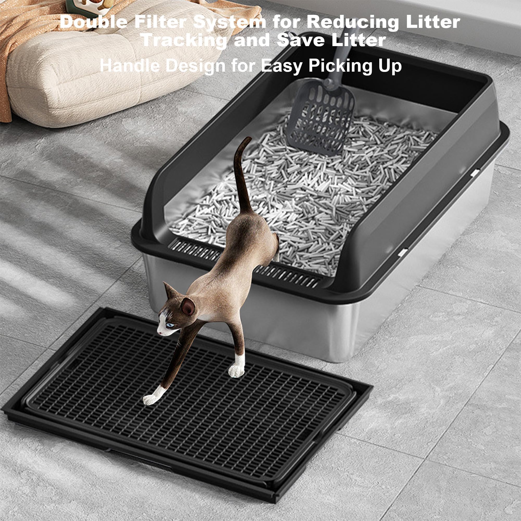 Edelstahl Katzenklo 2 Größen 60x40x25/30cm, rostfrei & kratzfest, geruchsresistent, hohe Seitenwände gegen Streuverlust, mit Doppelboden-Streumatte & Streuschaufel, für kleine & große Katzen sowie Meh