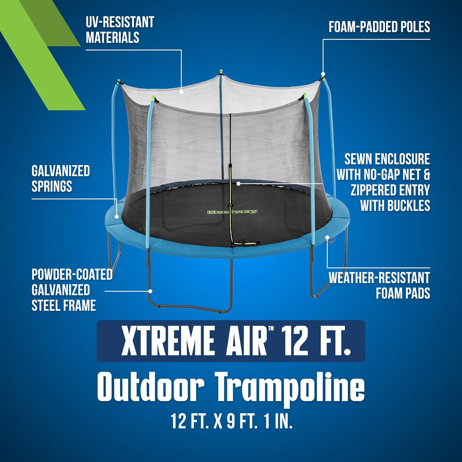 Bestway Xtreme Air 10FT 12FT 15FT Outdoor Trampoline for Kids and Adults, No-Gap Security Enclosure Net, Foam-Padded Poles, Fast & Easy Assembly, ASTM Approved, 2-Year Warranty